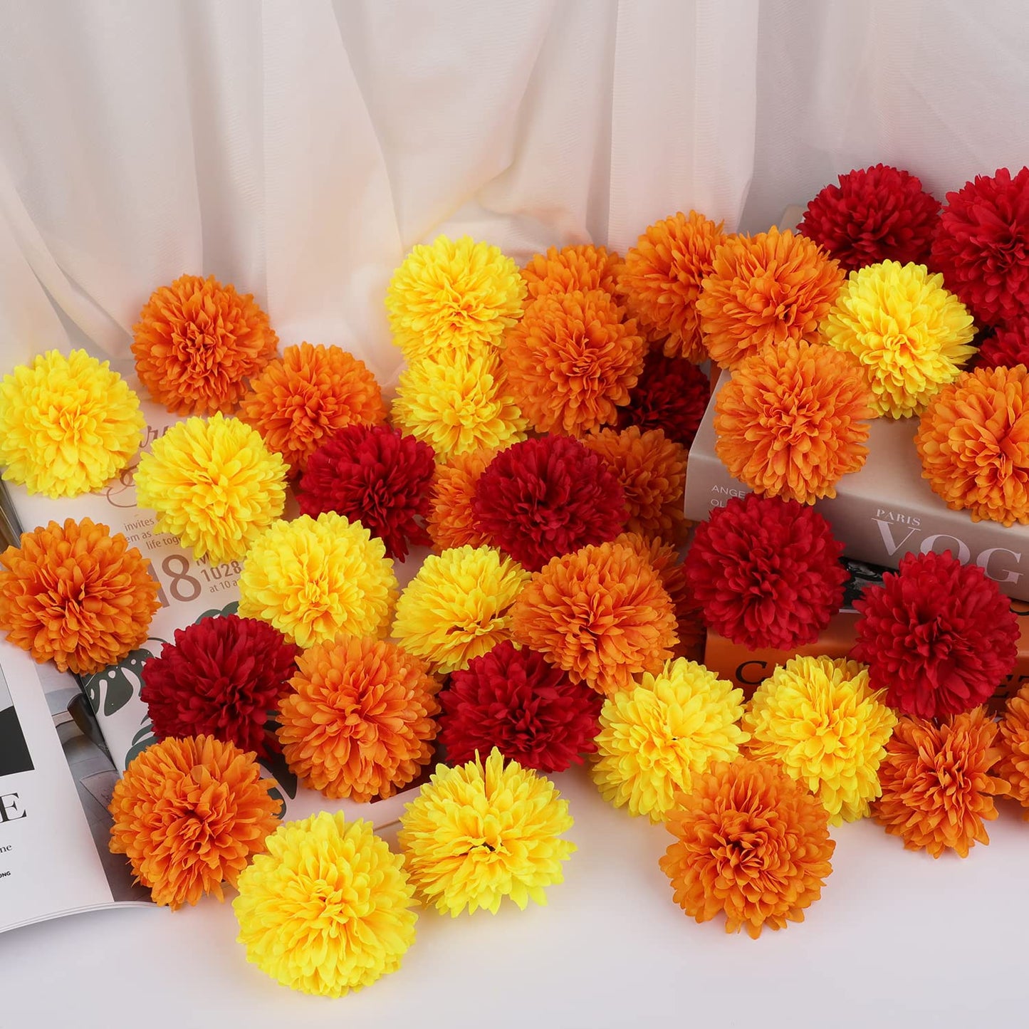 40Pcs 2.75'' Marigold Flowers Heads Bulk, Silk Marigold Artificial Flowers for Diwali Home Decor DIY Wreath Garland Craft Baby Shower Wedding Mexican Party Decoration Halloween New Year Decor(Mix-1)