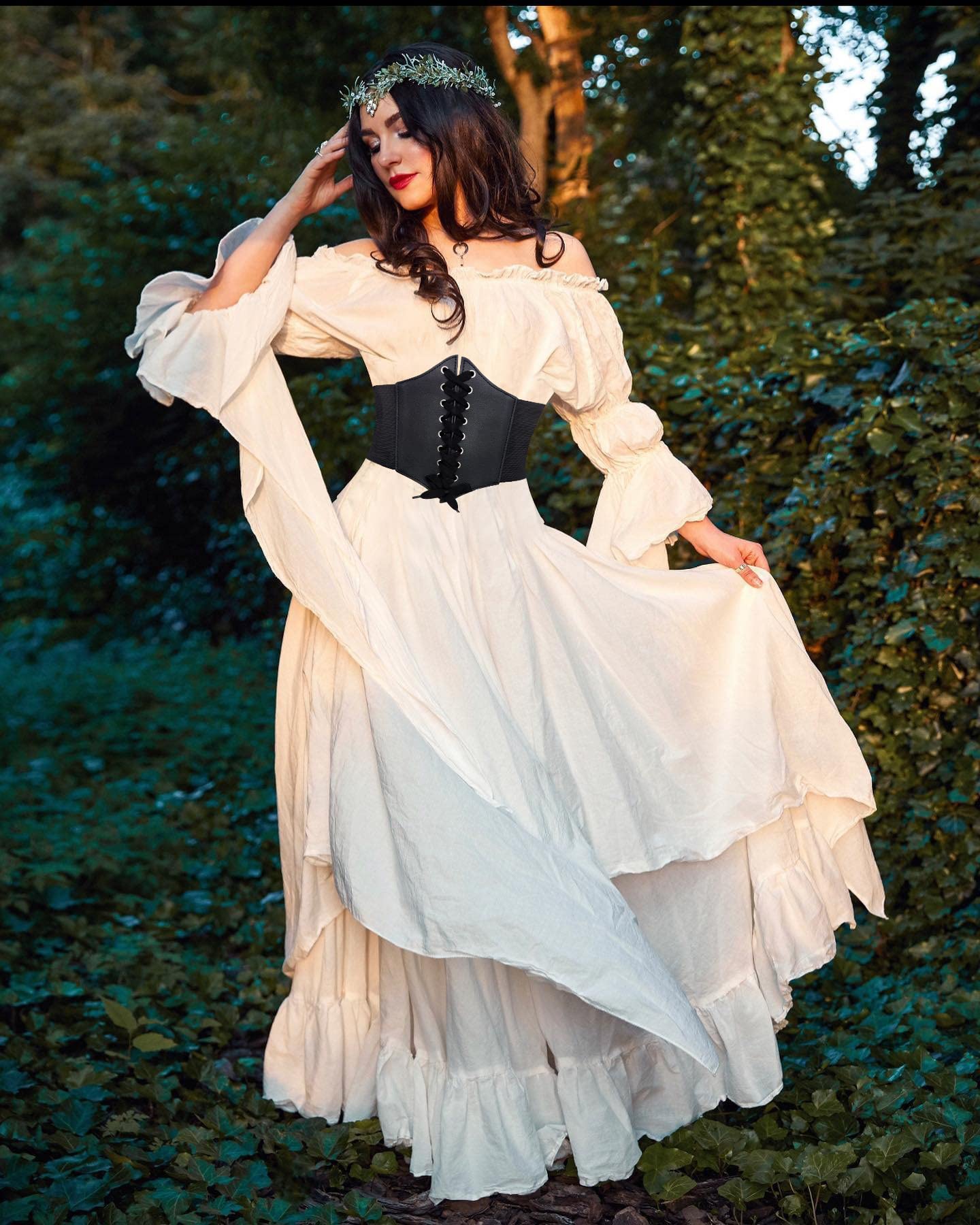 YEAXLUD Women's Victorian Dress Puff Sleeve Off Shoulder Ruffle Plus Size Medieval Costume for Women Renaissance Dress (White, XX-Large)
