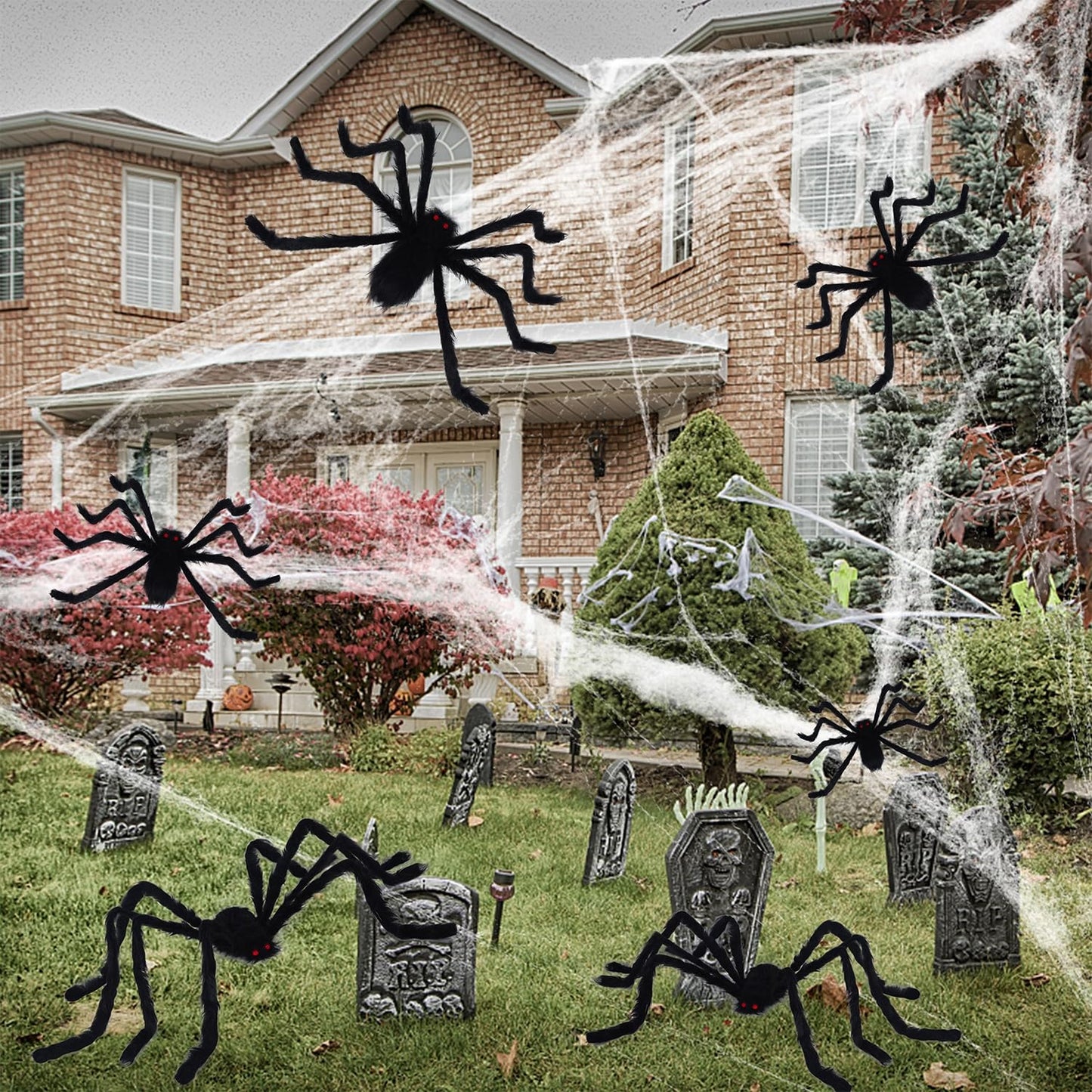 yosager Outdoor Halloween Decorations 6Pcs Realistic Giant Spiders, Huge Hairy Scary Halloween Spider Prop, Black Spooky Spider for House Window Yard Garden Patio Decor (12" 24" 24" 36" 36" 60")