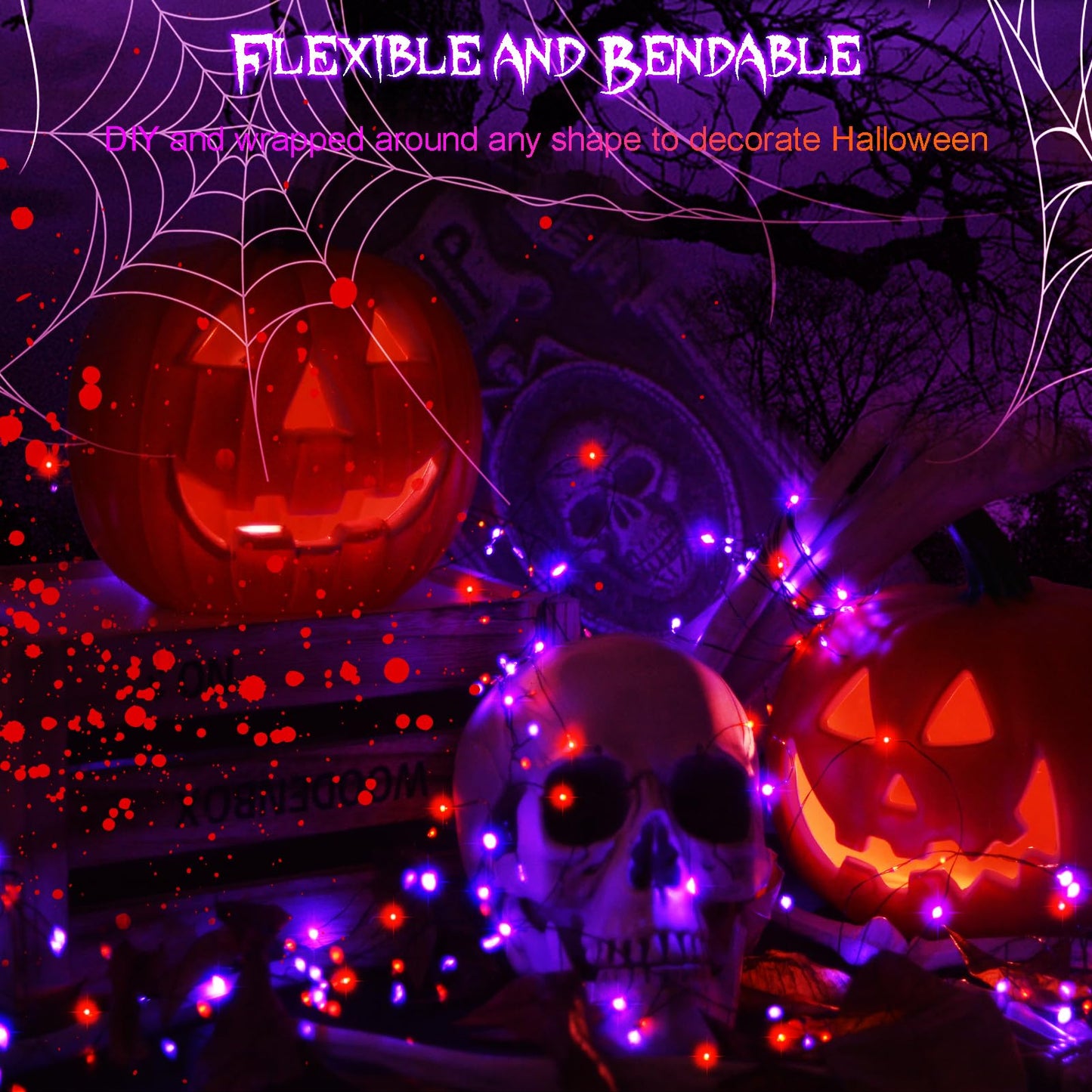 2 Pack Halloween Fairy Lights Battery Operated 200 LED 66Ft Silver Wire Starry String Lights Auto Timer 8 Modes Waterproof Mini String Lights for Outdoor Garden Yard, Fence Decor (Purple & Orange)
