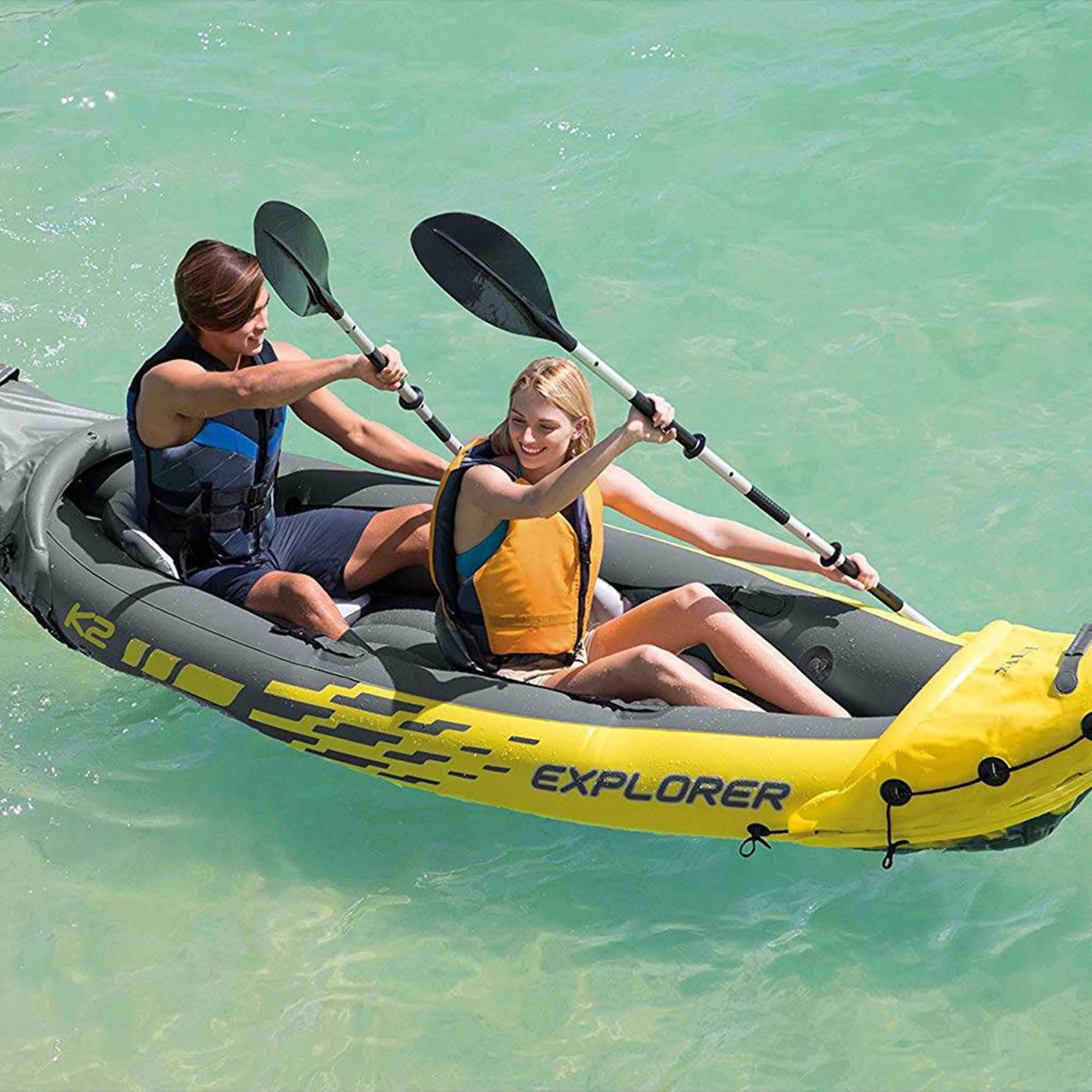 Intex 2-Person Inflatable Kayak Set w/ Pump, Aluminum Oars, Adjustable Seats, Explorer K2 - Tandem Blow-up Raft for Adults, Great for Lakes or Rivers