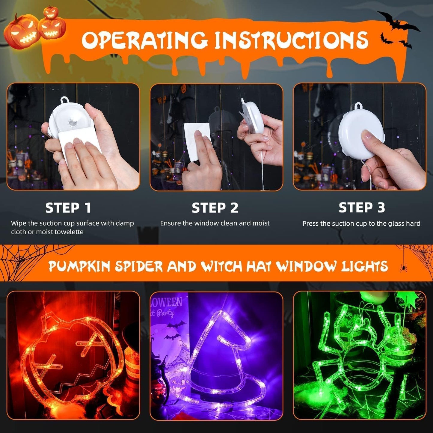 LOLStar Halloween Window Decorations 3 Pack Orange Pumpkin Green Spider Purple Witch Hat Battery Operated Window Lights with Suction Cup Slow Fade Timer Function Halloween Indoor Lights for Windows