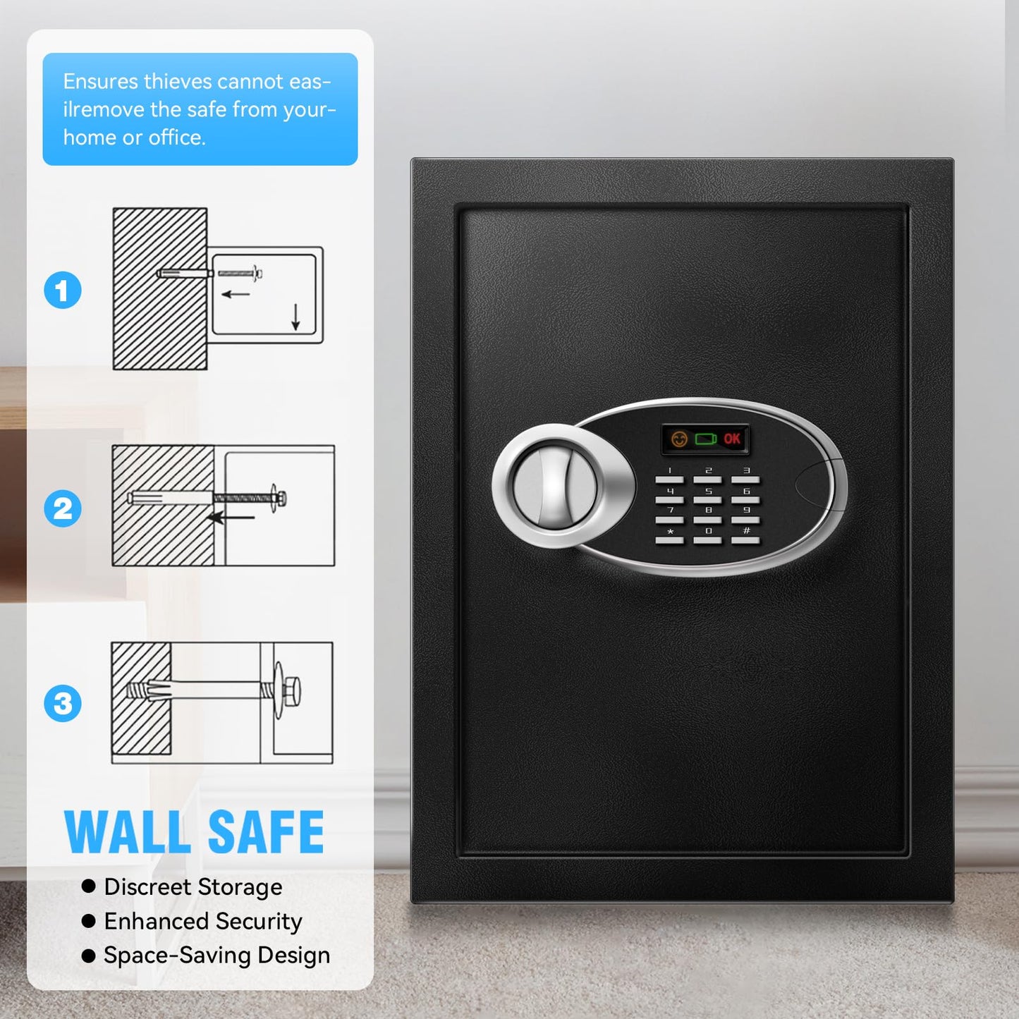 2.5 Cu Ft Large Safe Box with Fireproof Waterproof for Documents - Steel Security Personal Fire Safe with Digital Keypad, Emergency Battery Box & Combination Lock, Safety Box for Valuables Money Cash