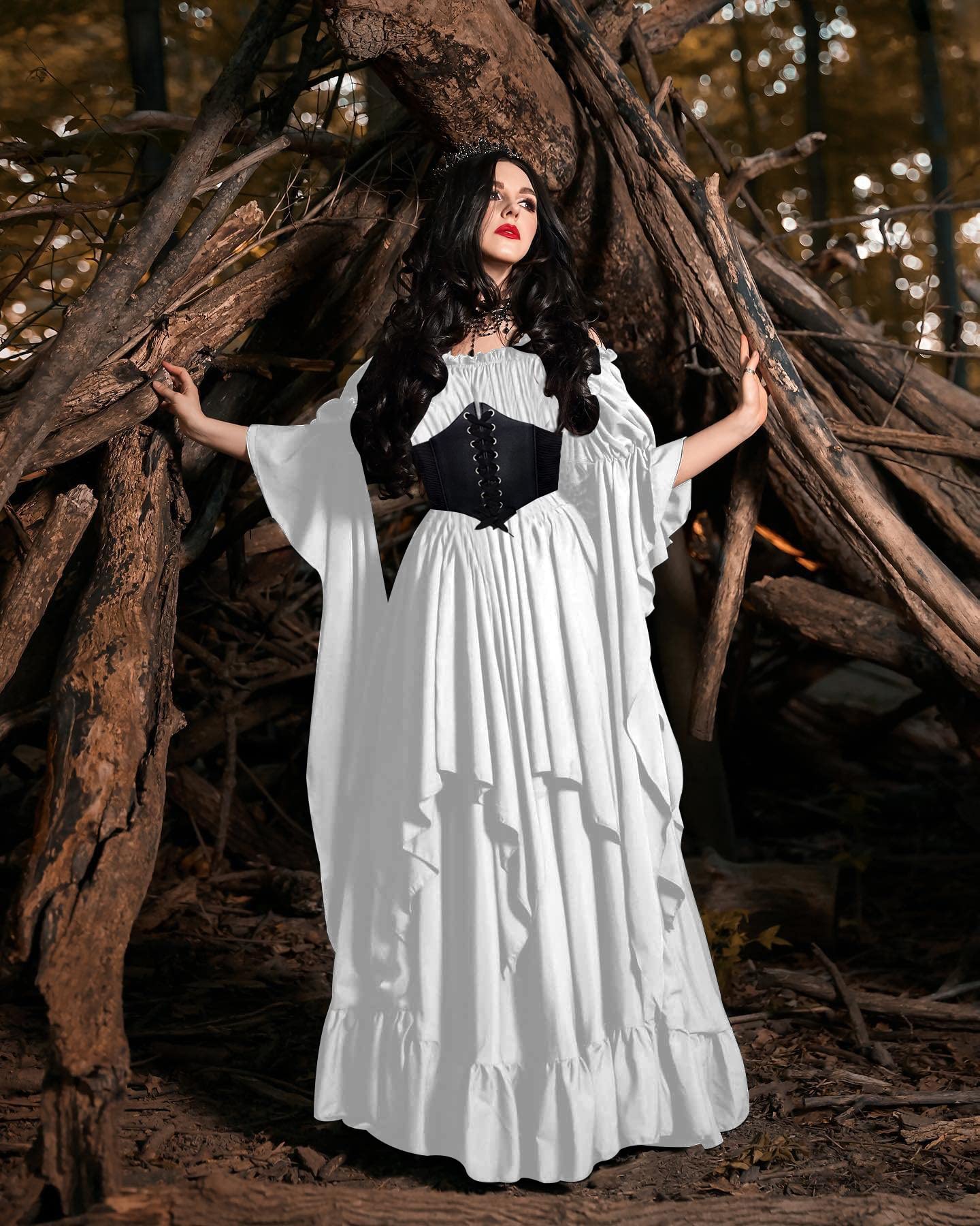 YEAXLUD Women's Victorian Dress Puff Sleeve Off Shoulder Ruffle Plus Size Medieval Costume for Women Renaissance Dress (White, XX-Large)