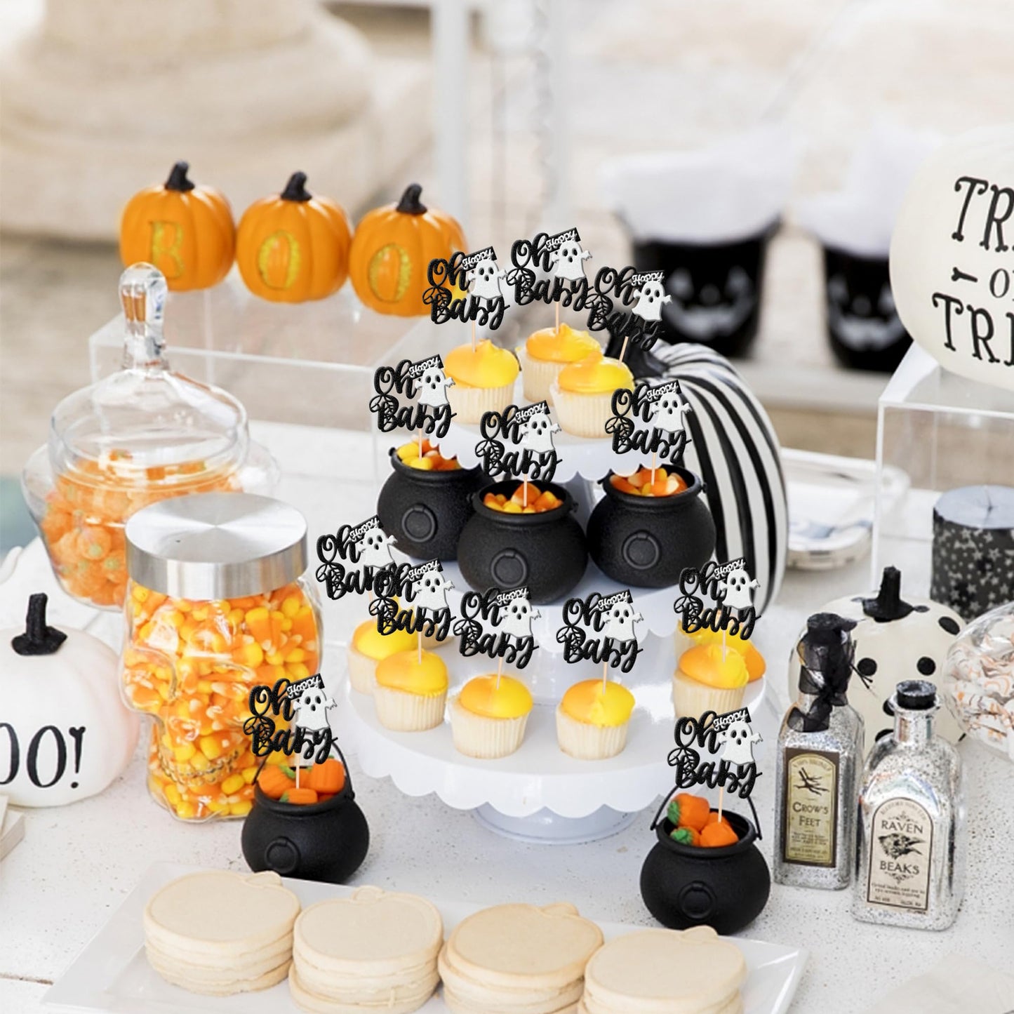 24 PCS Halloween Ghost Oh Baby Cupcake Toppers Glitter Spooky Baby Shower Cupcake Picks for Halloween Theme Baby Shower Kids Birthday Party Cake Decorations Supplies