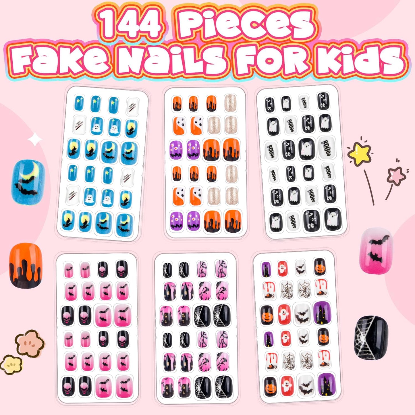 144 Pieces 6 Pack Kids Press on Nails Artificial Fake Nails for Kids Girls Pre Glue Full Cover Short Acrylic False Nail Tips Art Kits Gifts for Girls Nail Art Decoration (Halloween Pattern)