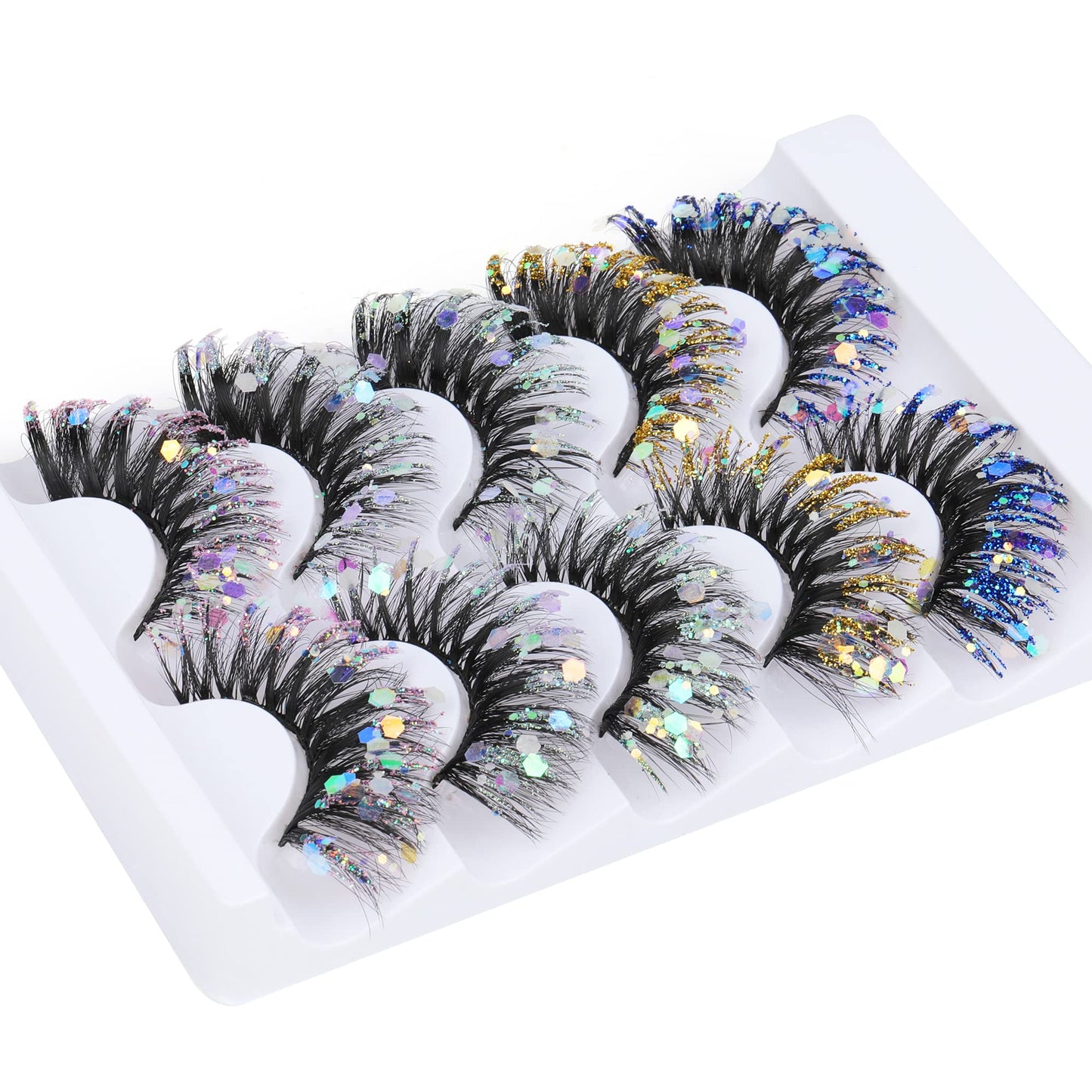 Zegaine Glitter Colored False Eyelashes Wispy 5 Pairs Dramatic Cat Eye Festival Lashes Pack 5 Styles