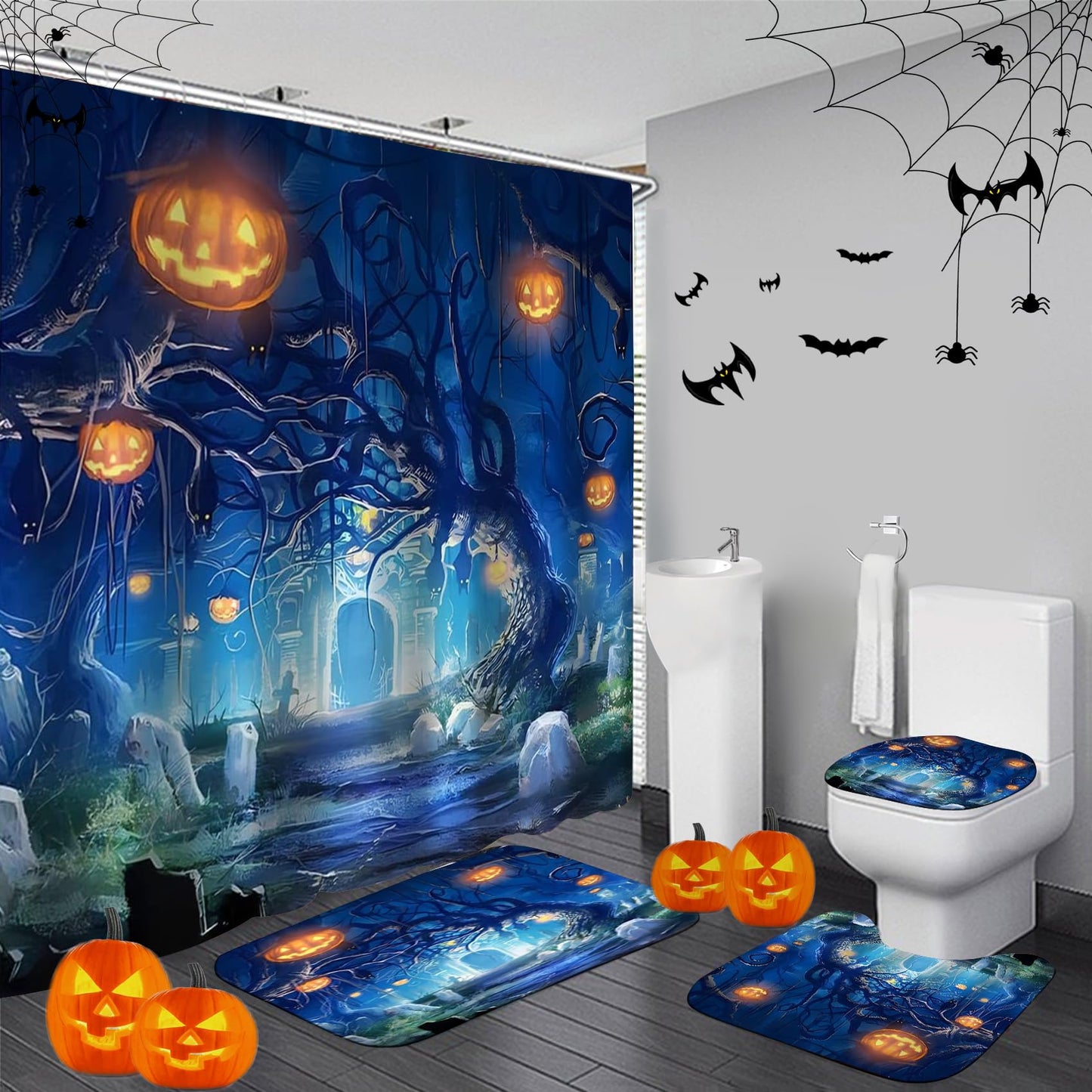 Yddsky 4 Pcs Halloween Shower Curtain Set with Rugs Toilet Lid Cover,Bloody Hand Shower Curtain with 12 Hooks for Bathroom Set Decor Horrible Halloween Bathroom Decor Theme