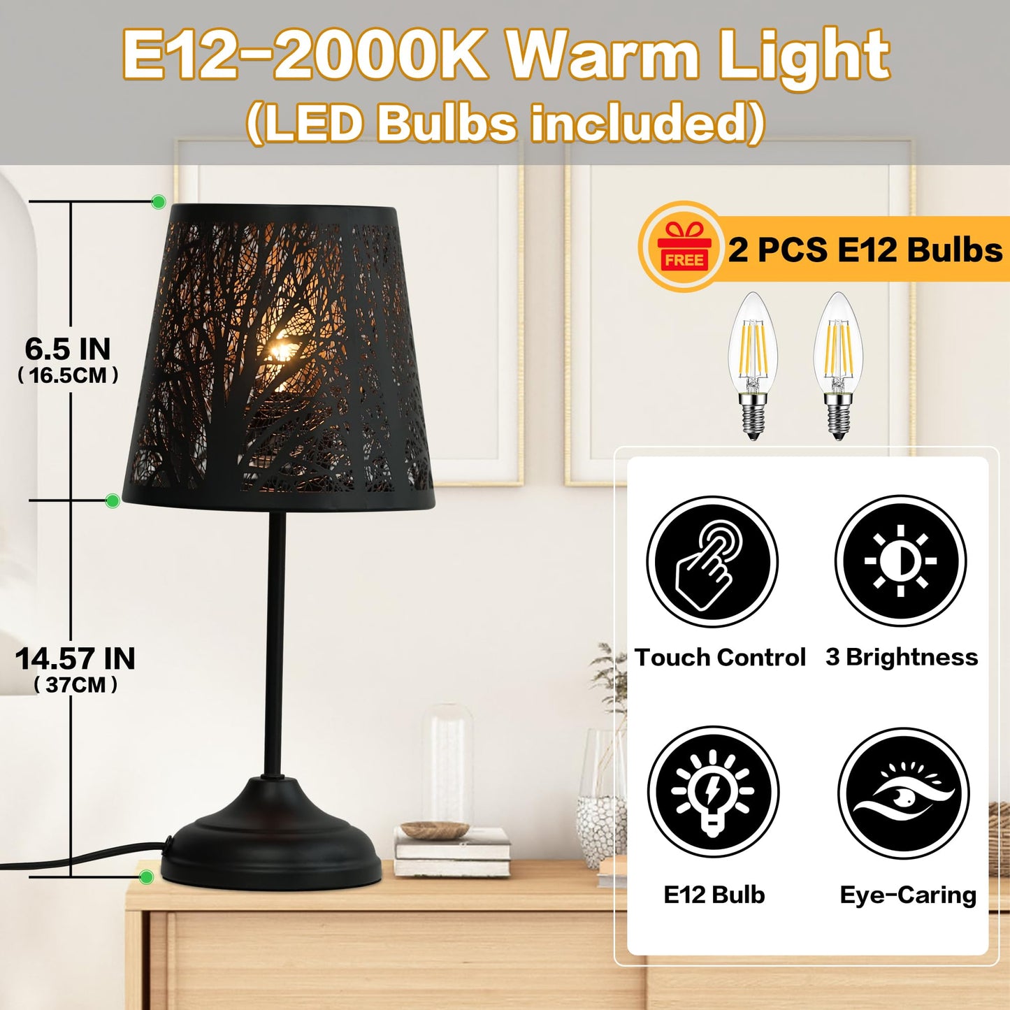ZQQLITE Touch Control Table Lamp, Led Lights Mini Lamps with Pattern of Trees for Nightstand,dimmable 3-Levels Brightness, Lamp for Bedroom, Bedside, Desk Lamps for Home, Living Room, Office (Black)