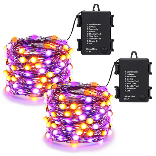 Lomotech Orange Purple Halloween Lights, 2 Pack 16.4ft 50 LED Battery Operated Halloween Fairy Lights with Timer Function, 8 Modes Waterproof Twinkle Lights for Halloween Decorations (Black Wire)