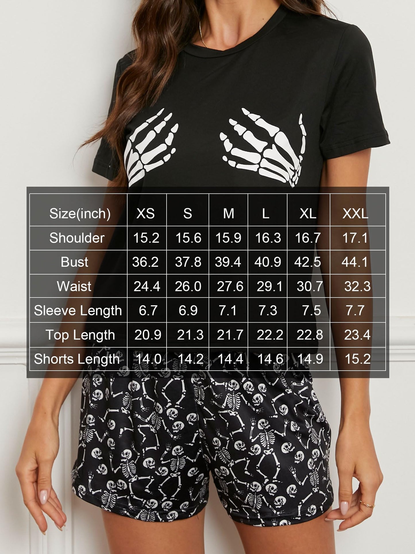 Laqeyko Halloween Pjs Women Skeleton Pajamas Sets Short Sleeve Crop Tee Shirt Top And Shorts Two Pieces Sleepwear Sets M