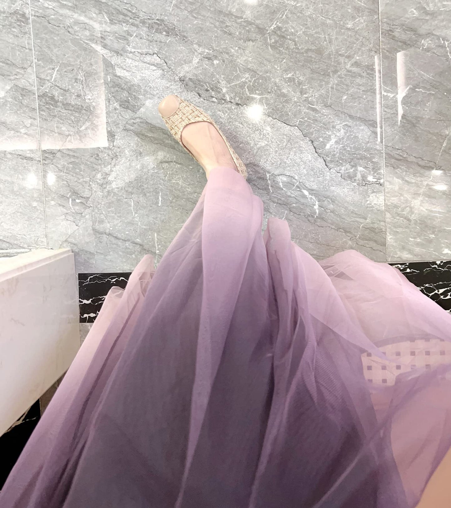 Women’s Tulle Skirts Midi Elastic High Waist Pleated Mesh Flowy A-Line Party Long Tutu Skirt Gradient Purple