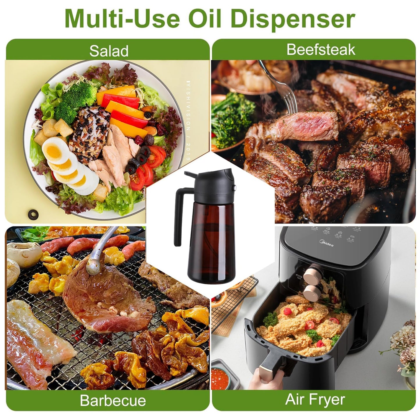 LAKUMIQI 2-in-1 Glass Oil Dispenser & Sprayer - 16oz/470ml Leakproof Olive Oil Sprayer Bottle for Cooking, Air Fryer, BBQ, Baking, Salad (Black)