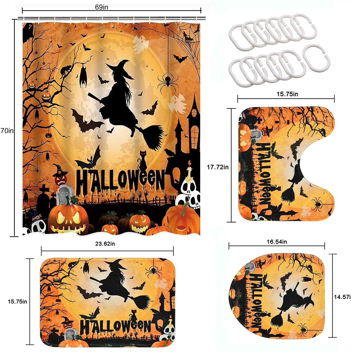 Yizheer Halloween 4Pcs Pumpkin Shower Curtain Sets with Non-Slip Rugs, Toilet Lid Cover and Bath Mat, Haunted House Waterproof Shower Curtains Bathroom Decor Set Halloween Decor