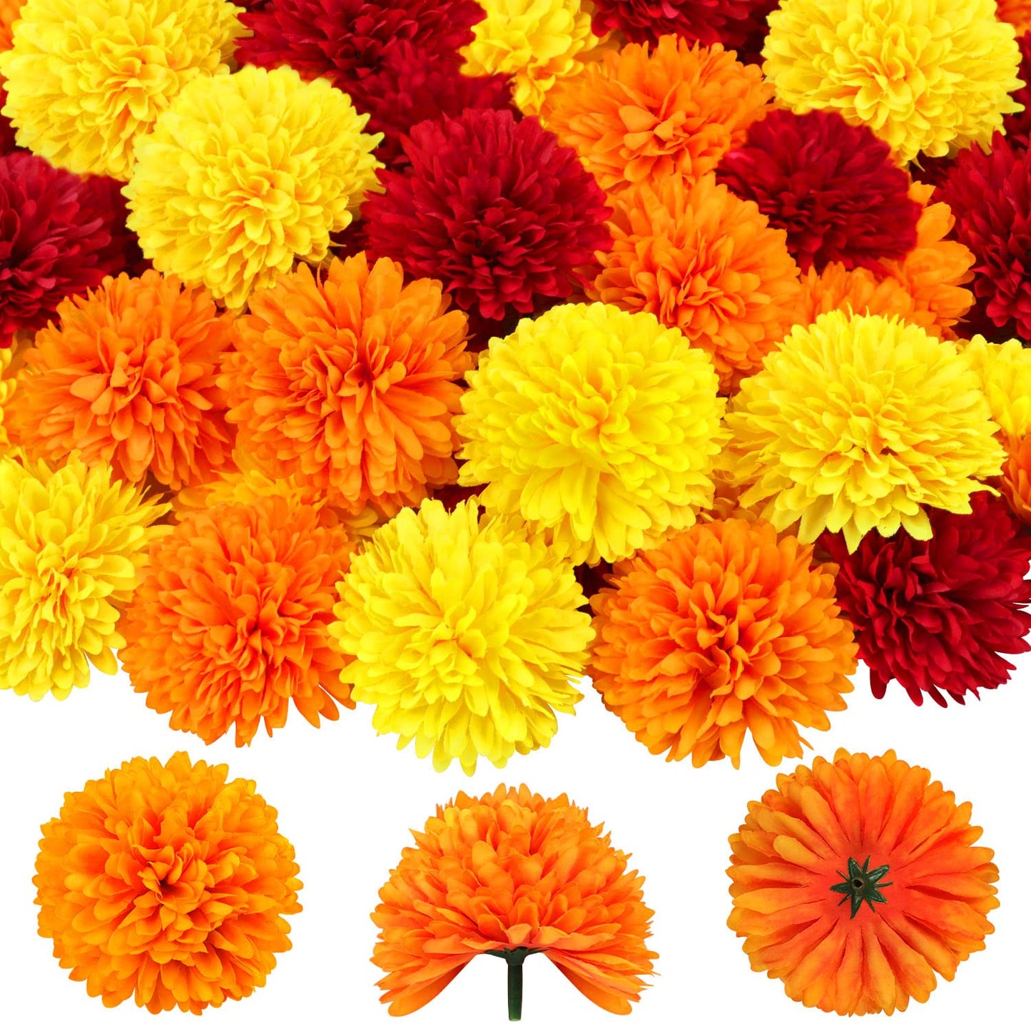 40Pcs 2.75'' Marigold Flowers Heads Bulk, Silk Marigold Artificial Flowers for Diwali Home Decor DIY Wreath Garland Craft Baby Shower Wedding Mexican Party Decoration Halloween New Year Decor(Mix-1)