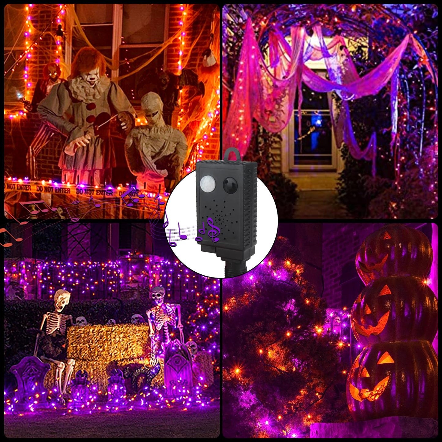 XTF2015 Halloween Lights, 105FT 300 LED Halloween String Lights with Spooky Music Motion Sensor Controller Twinkle Waterproof Purple Orange Light Plug in for Indoor Outdoor Tree Party Yard Room Decor