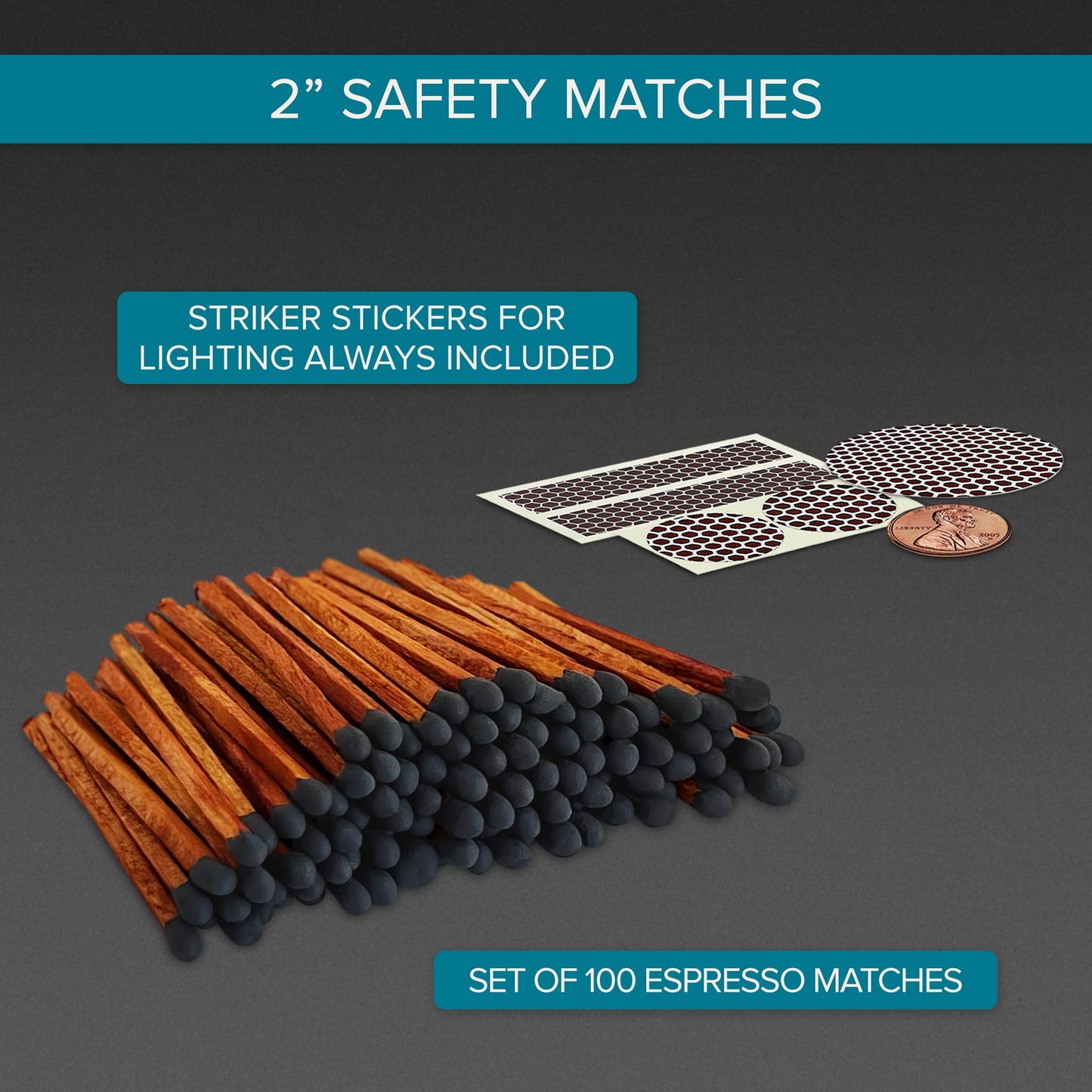 2" Brown Stick Black Tip Espresso Style Safety Matches | 100+ Artisan Bulk Matchsticks with Adhesive Strikers by Thankful Greetings | Unique Candle Lighting for Your Home, Gifts, & Events