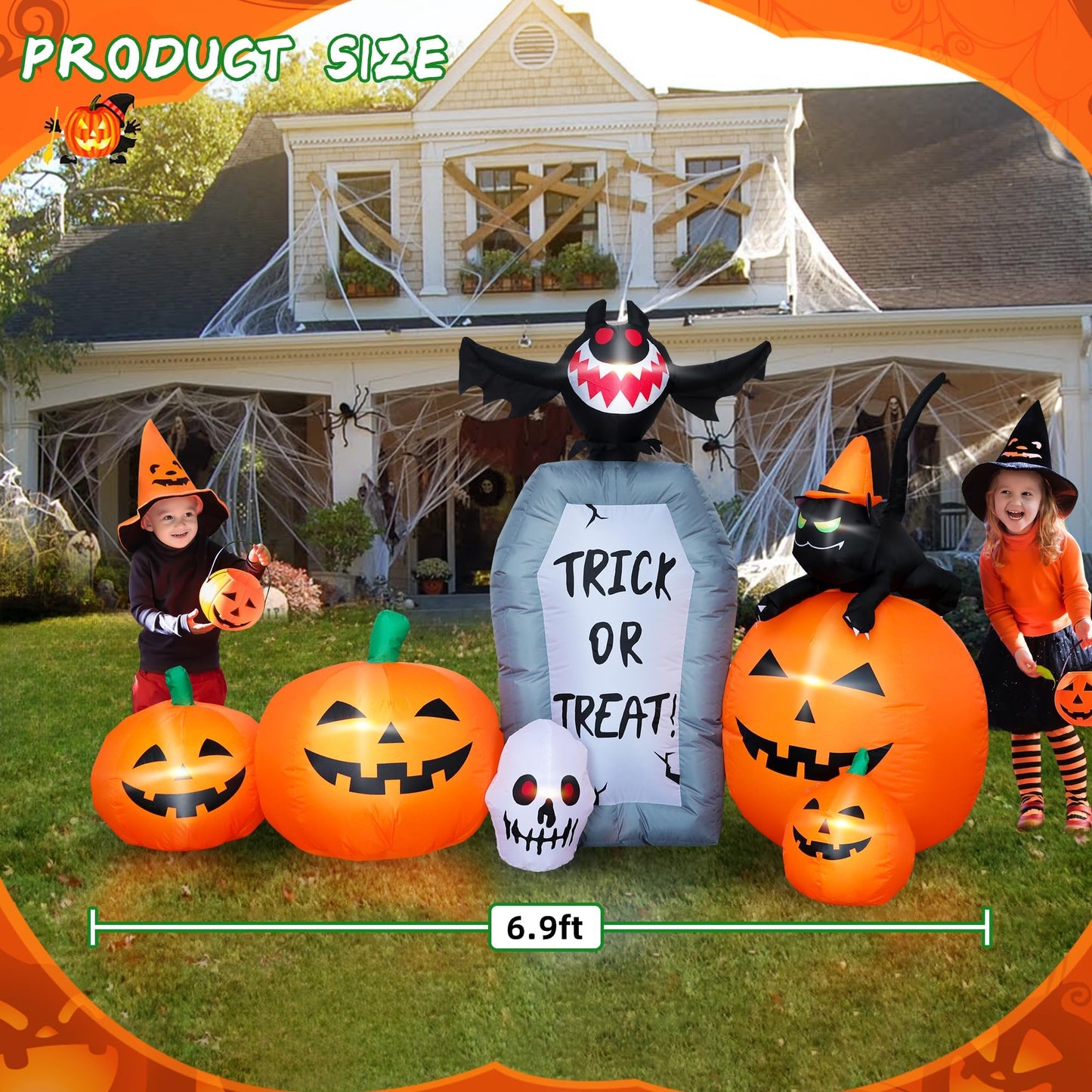 YOUBEMAGIC 7FT Long Halloween Inflatable Pumpkin Patch with Tombstone & Black Cat & Bat, Blow up Halloween Inflatable with Build-in LED Lights Outdoor Decorations Large Party Yard Decoration