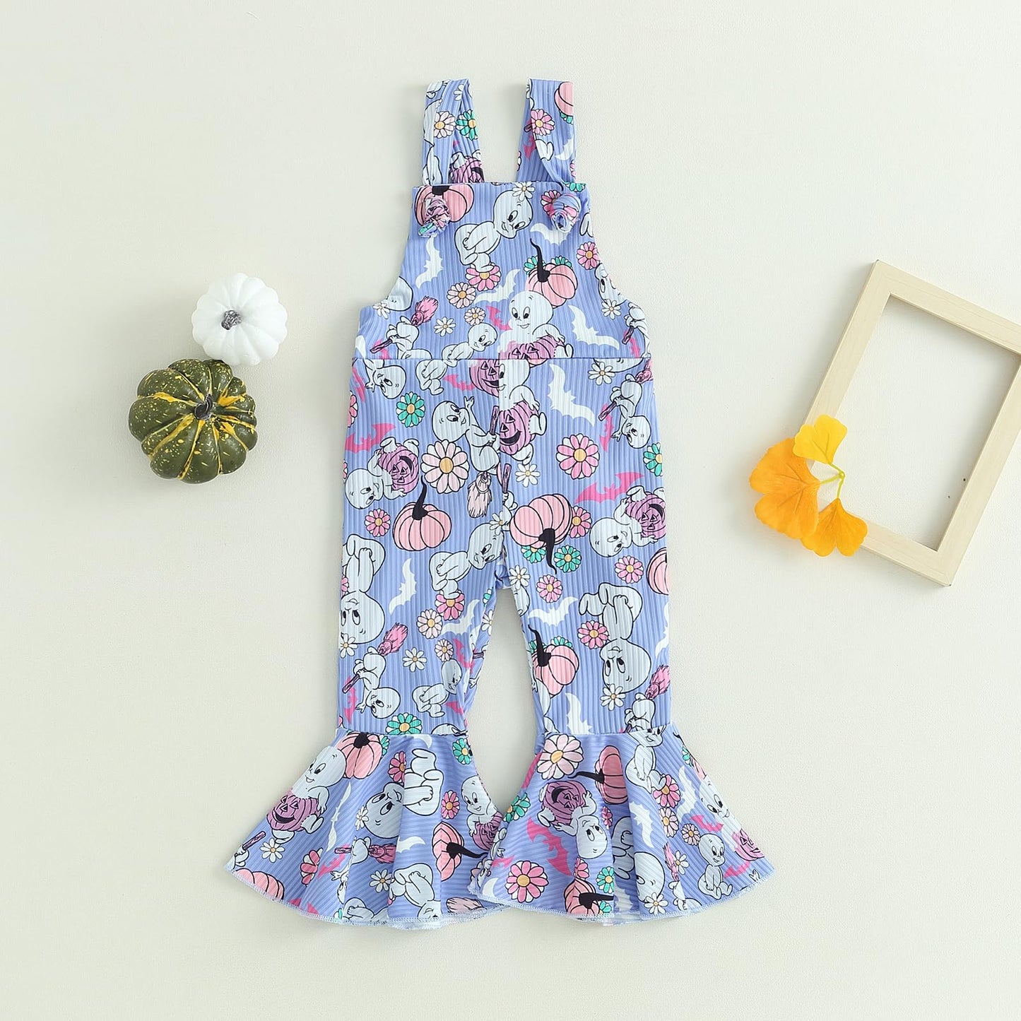 YOKJZJD Toddler Baby Girl Halloween Outfit Pumpkin Ghost Suspender Romper Jumpsuit Overalls Bell Bottom Pants Fall Clothes (Purple, 2-3 Years)