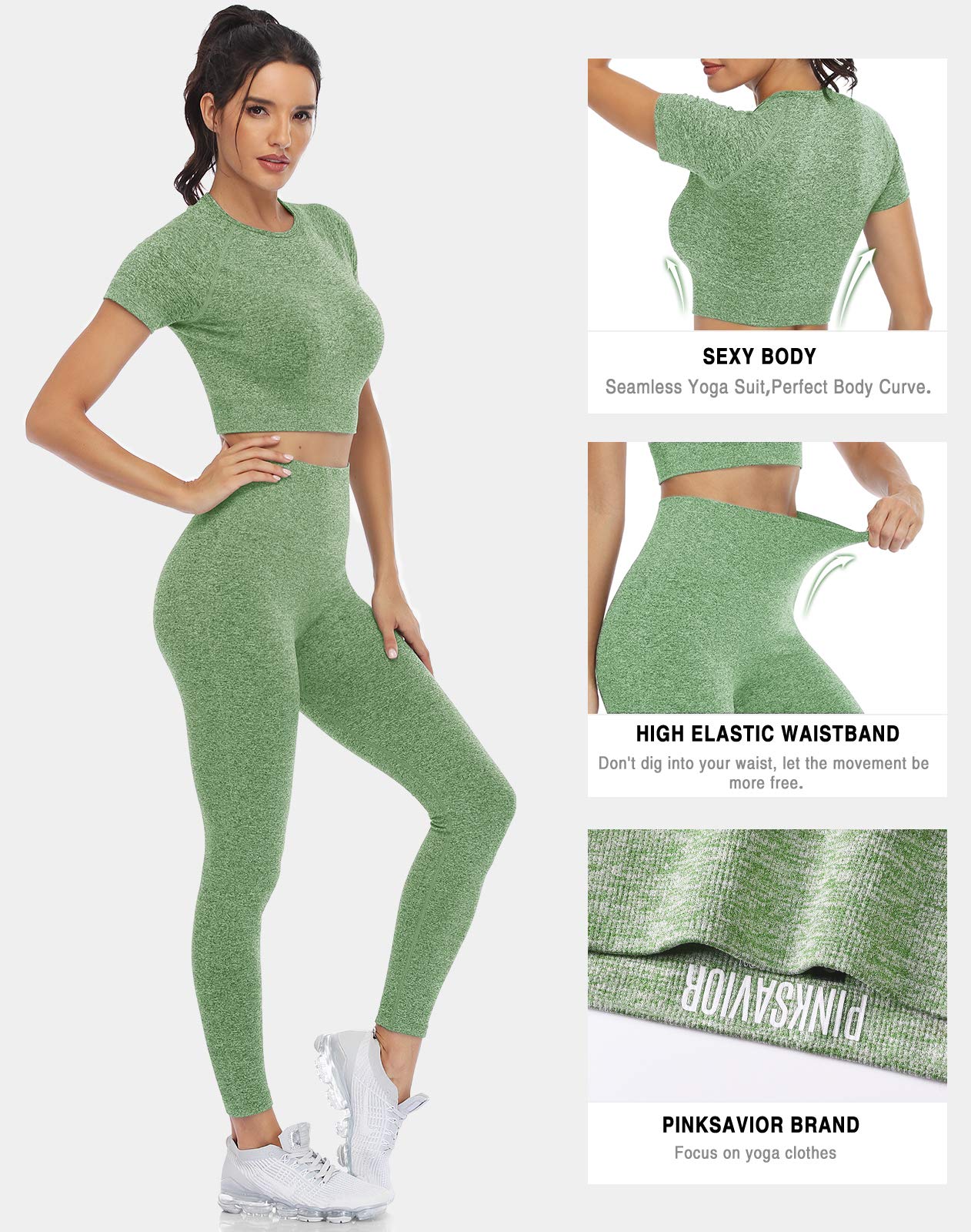 Workout Sets for Women 2 Piece Outfits Cute Gym Athletic Pilates Hiking Clothes Conjunto Deportivo Para Mujer Seamless High Waist Leggings Yoga Crop Tops Two Piece Matching Sports Set (P005L-Avocado)