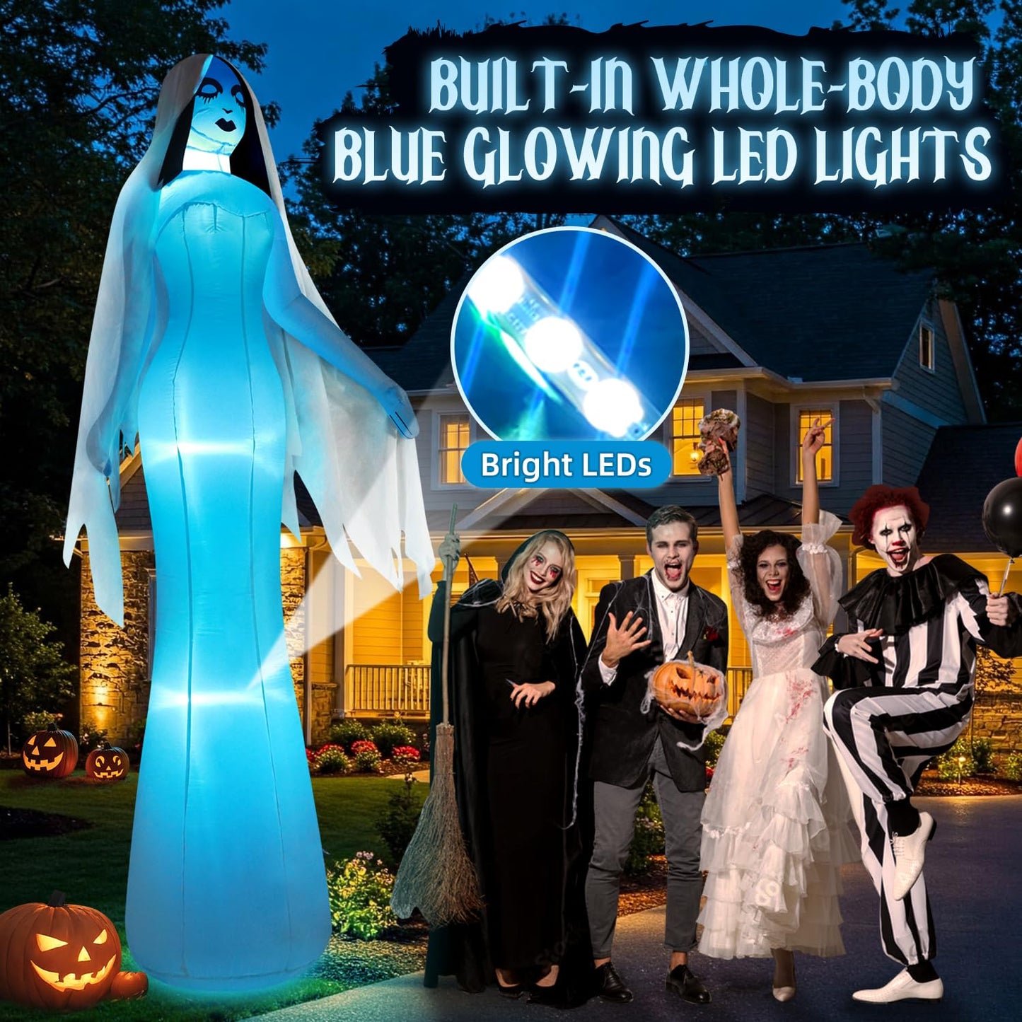 zukakii 12FT Giant Halloween Inflatables Ghost Bride, Halloween Decorations Outdoor Blow Up Yard Decorations Built-in Whole-Body Blue Glowing LED Lights Huge Halloween Blowups for Outdoor Holiday