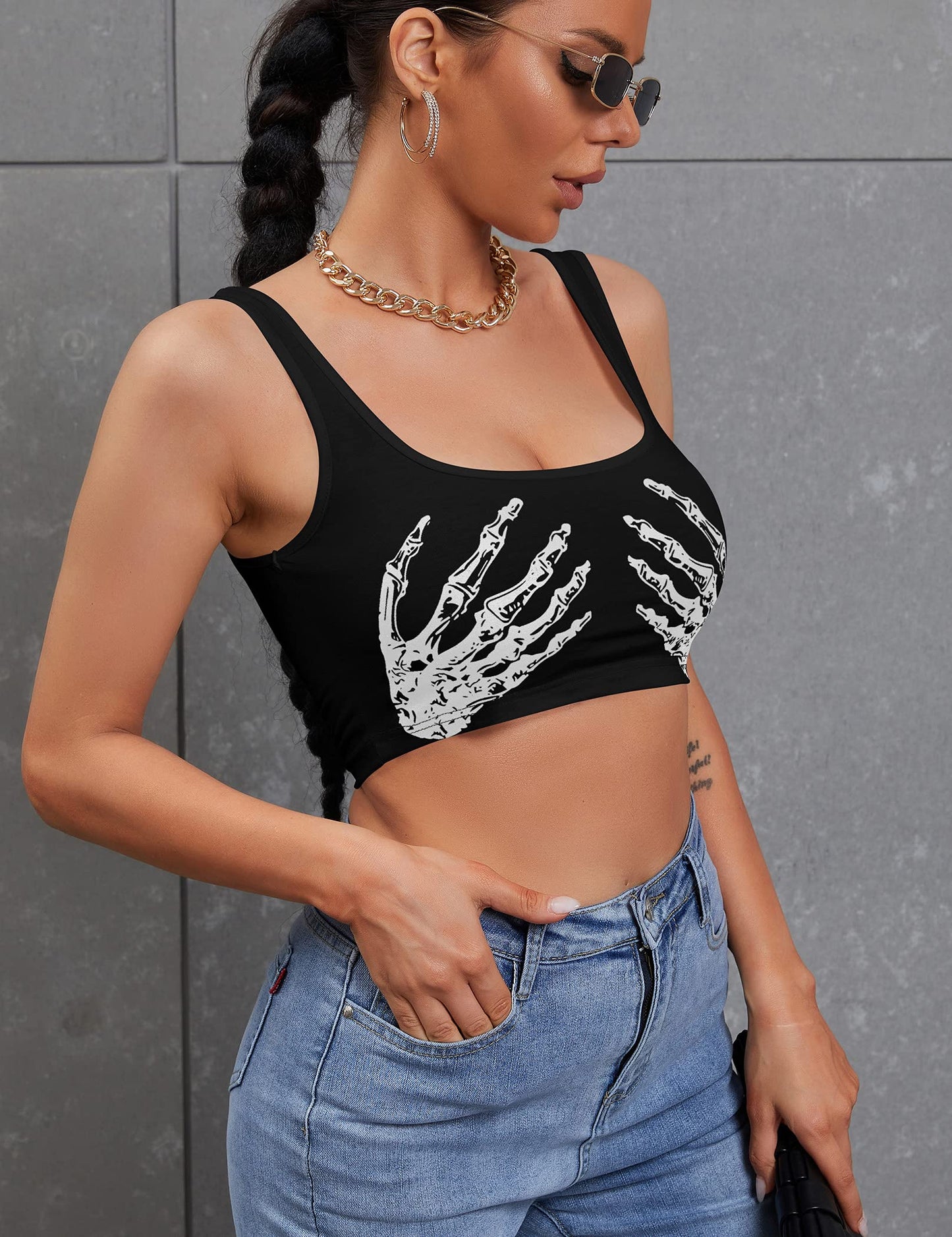 Women's Sexy Skeleton Skull Hand Print Sleeveless Funny Halloween Crop Tank Top Shirts,Small,Black Hand