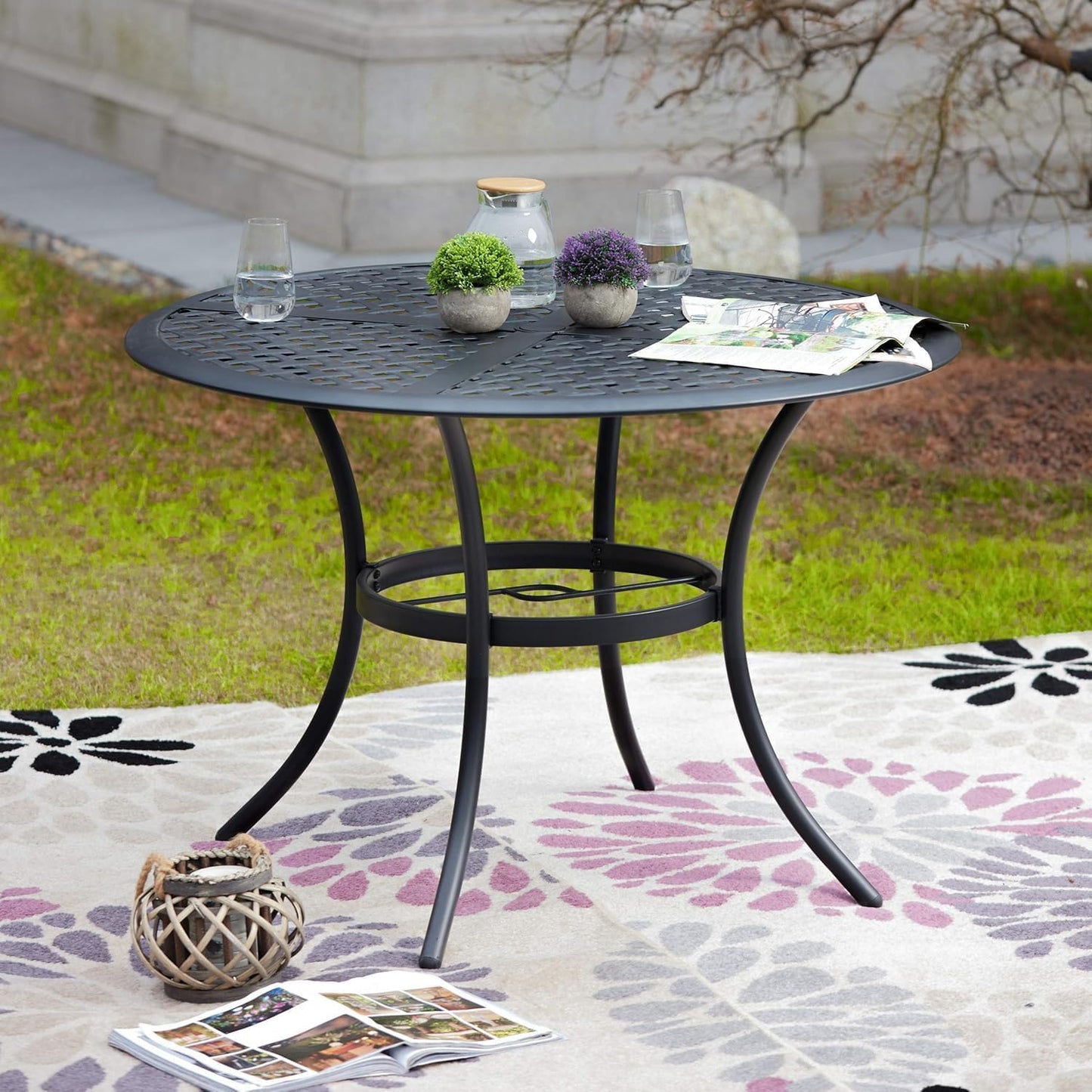 LOKATSE HOME 42.1" Outdoor Patio Round Dining Table with Umbrella Hole, Steel Frame for Backyard Lawn Balcony Deck