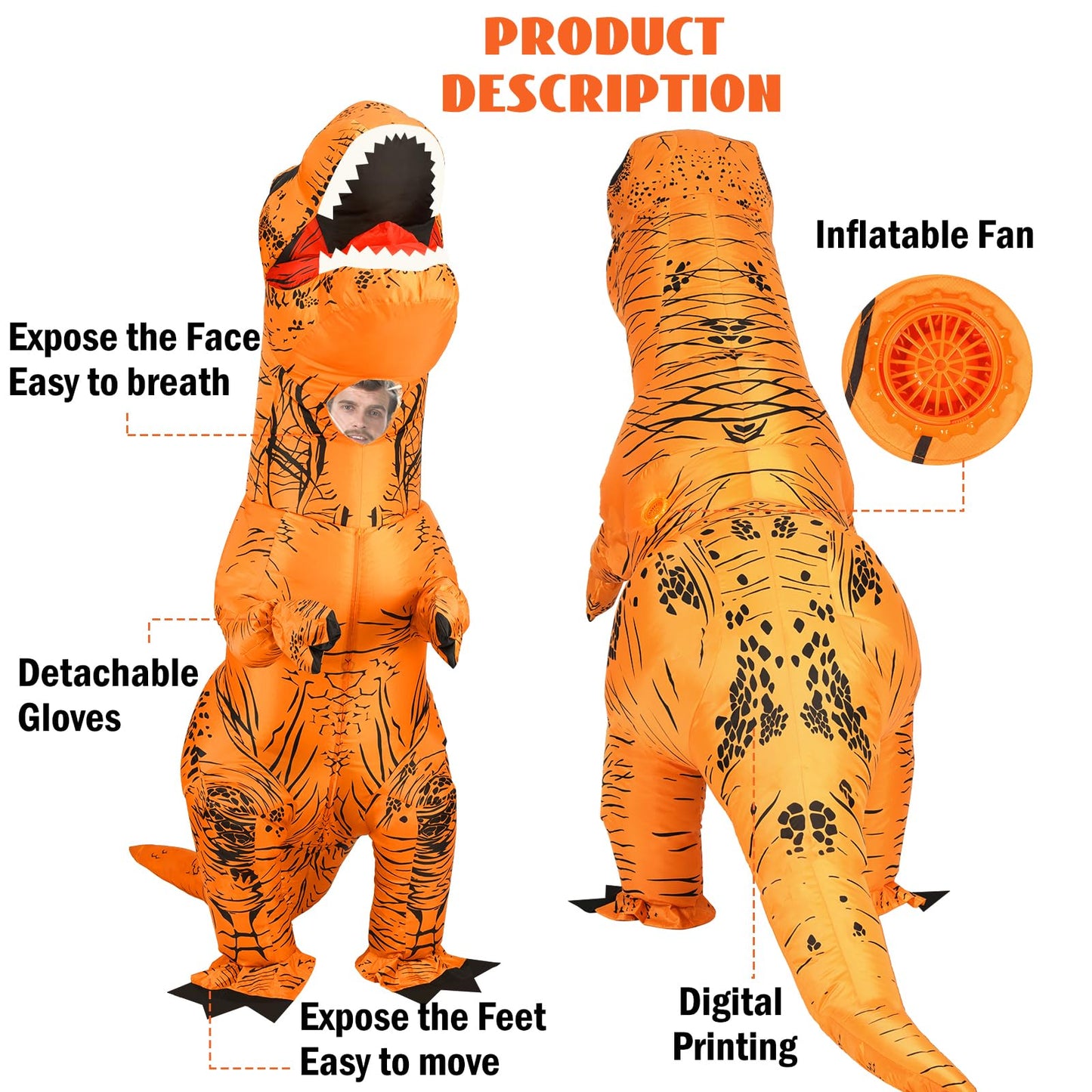 YEAHBEER Inflatable Dinosaur Costume for Kids,T-Rex Dinosaur Costume Kid, Blow up T-Rex Funny Fancy Inflatable Costume for Halloween Dress & Party Cosplay (Brown