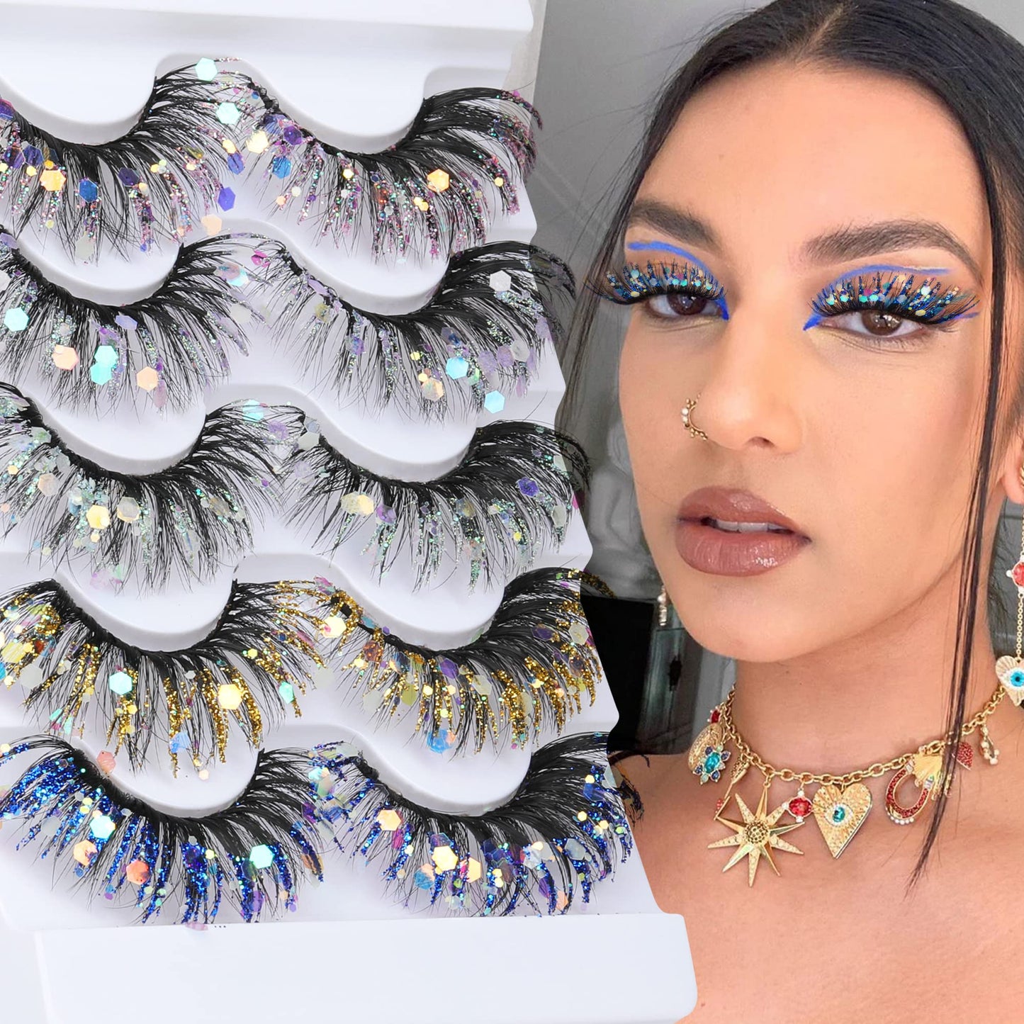 Zegaine Glitter Colored False Eyelashes Wispy 5 Pairs Dramatic Cat Eye Festival Lashes Pack 5 Styles