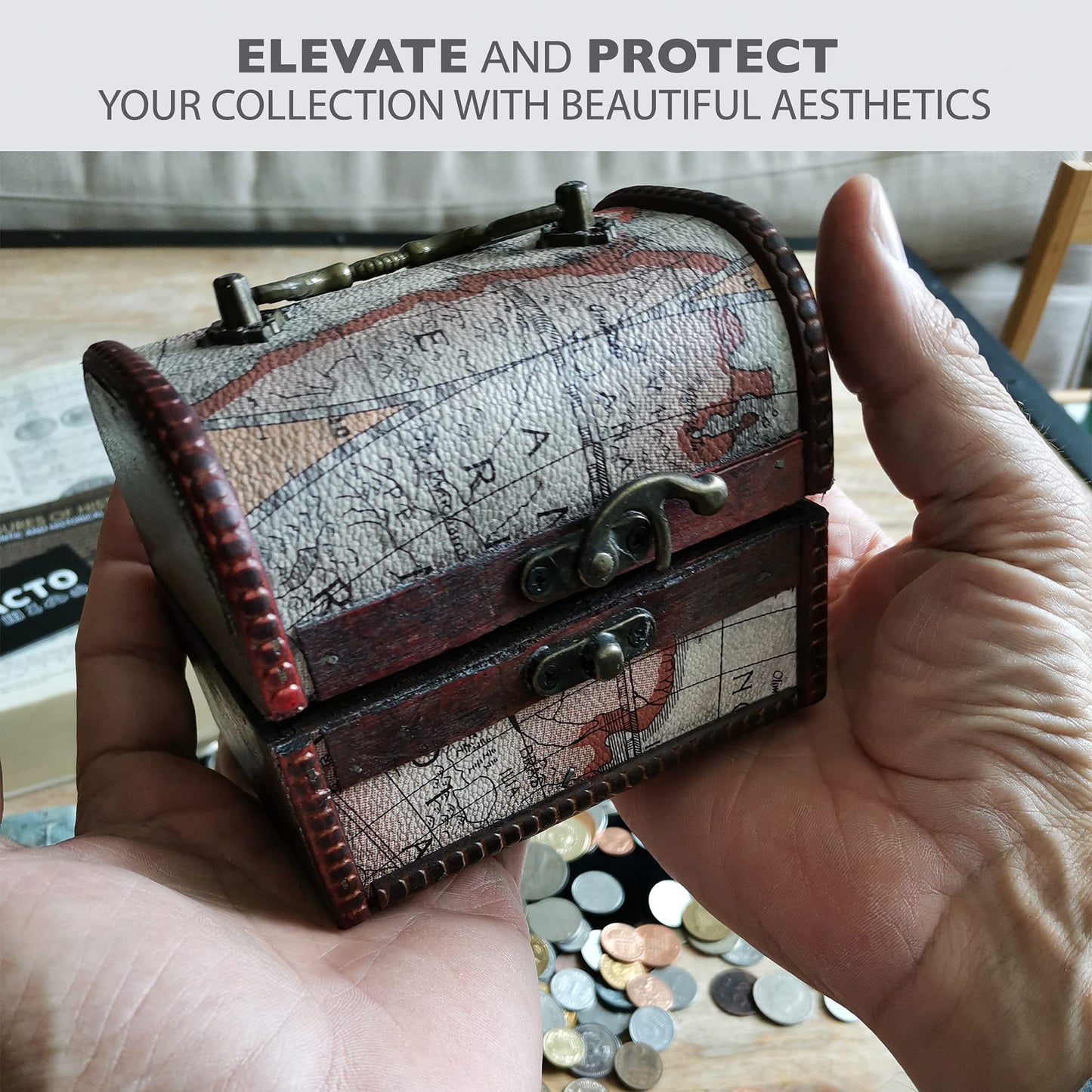 IMPACTO COLECCIONABLES Coin Collection - World Currency Treasure Chest with 2Lb. - Collectible Circulated Coins - 4.7 x 3.5 x 3.5 Decorative Wooden Box - Antique Coins for Collectors (COA Included)