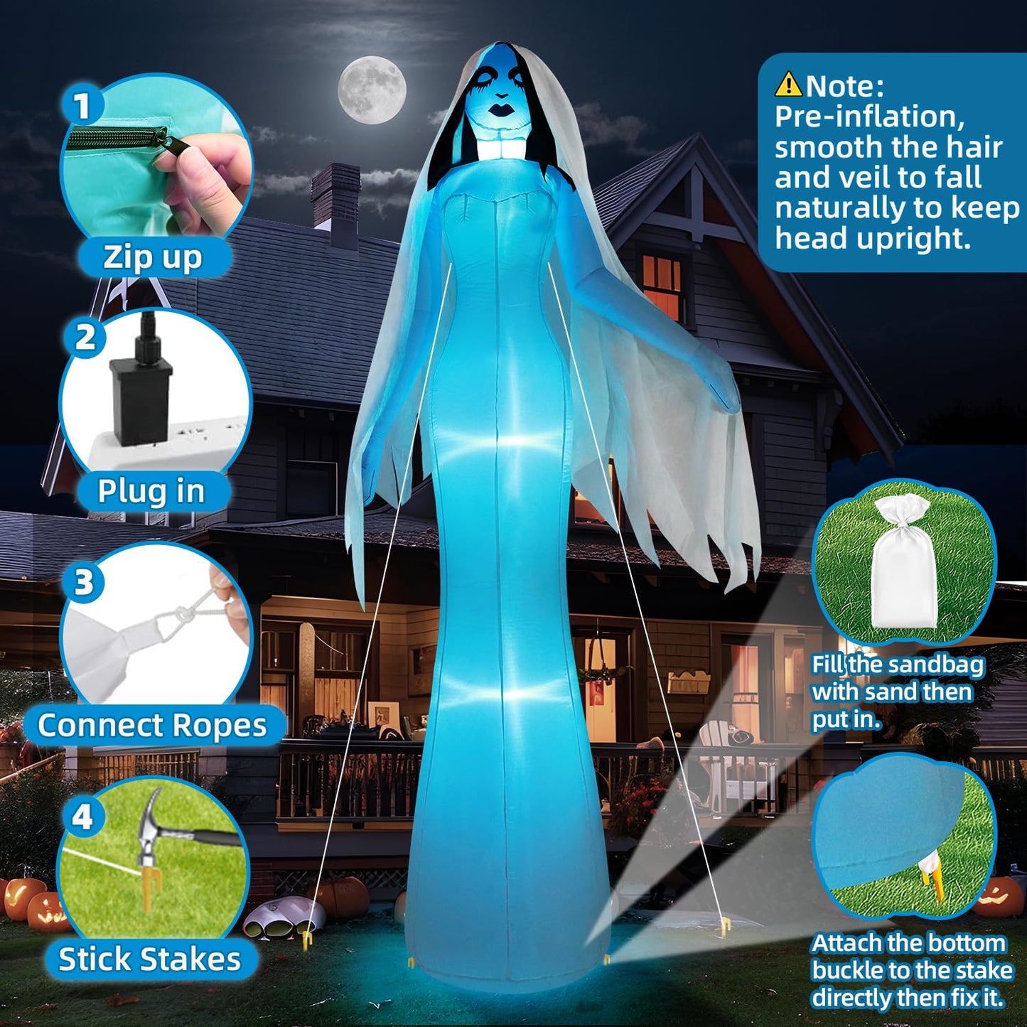 zukakii 12FT Giant Halloween Inflatables Ghost Bride, Halloween Decorations Outdoor Blow Up Yard Decorations Built-in Whole-Body Blue Glowing LED Lights Huge Halloween Blowups for Outdoor Holiday