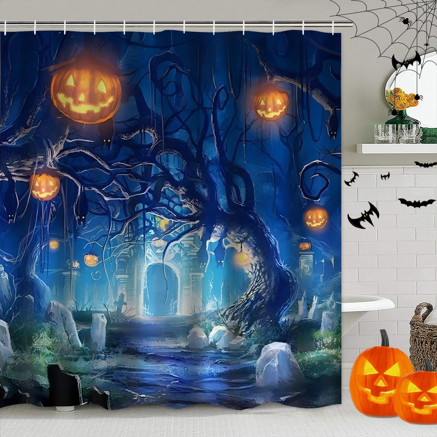 Yddsky 4 Pcs Halloween Shower Curtain Set with Rugs Toilet Lid Cover,Bloody Hand Shower Curtain with 12 Hooks for Bathroom Set Decor Horrible Halloween Bathroom Decor Theme