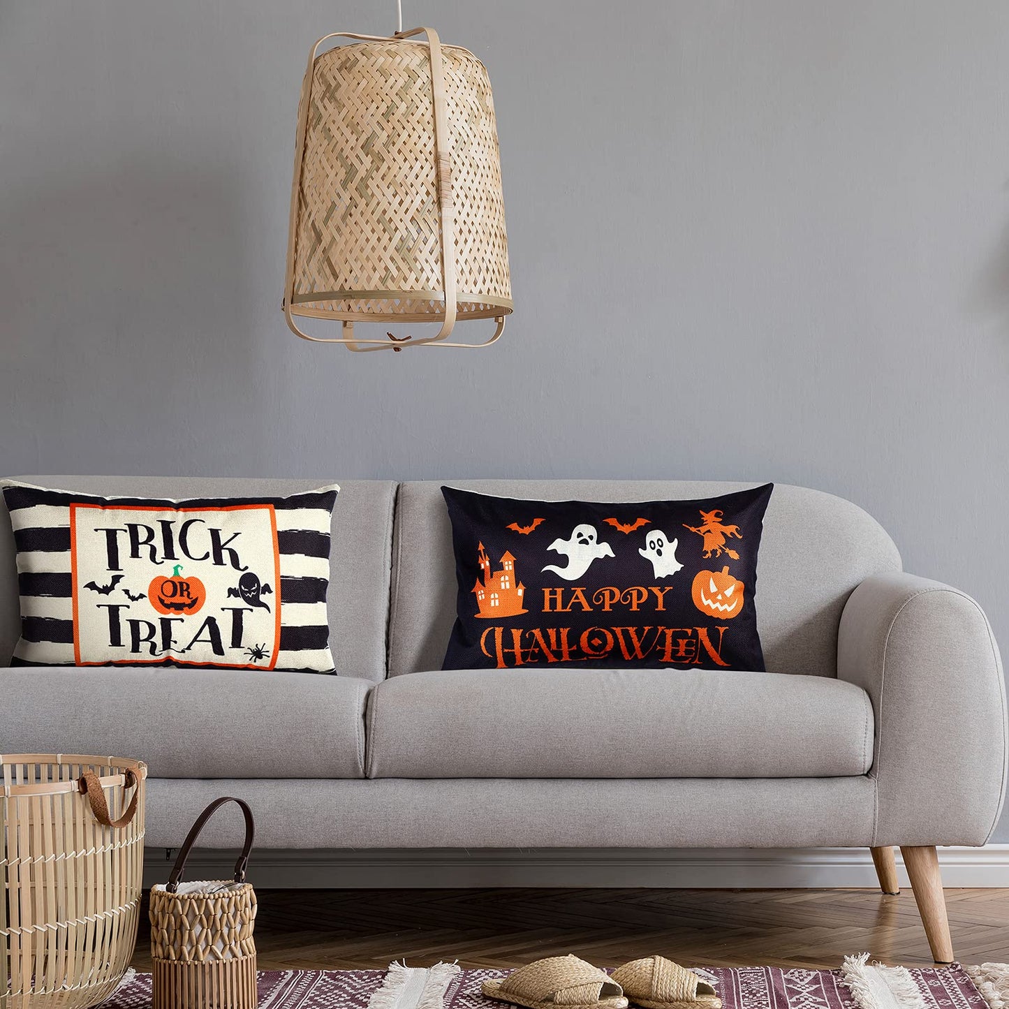 2 Pieces Happy Halloween Pillow Covers 12 x 20 Inch Ghost Jack-o'-Lantern Bat Cushion Cover Rectangular Halloween Throw Pillow Case Decoration for Bed Sofa Home