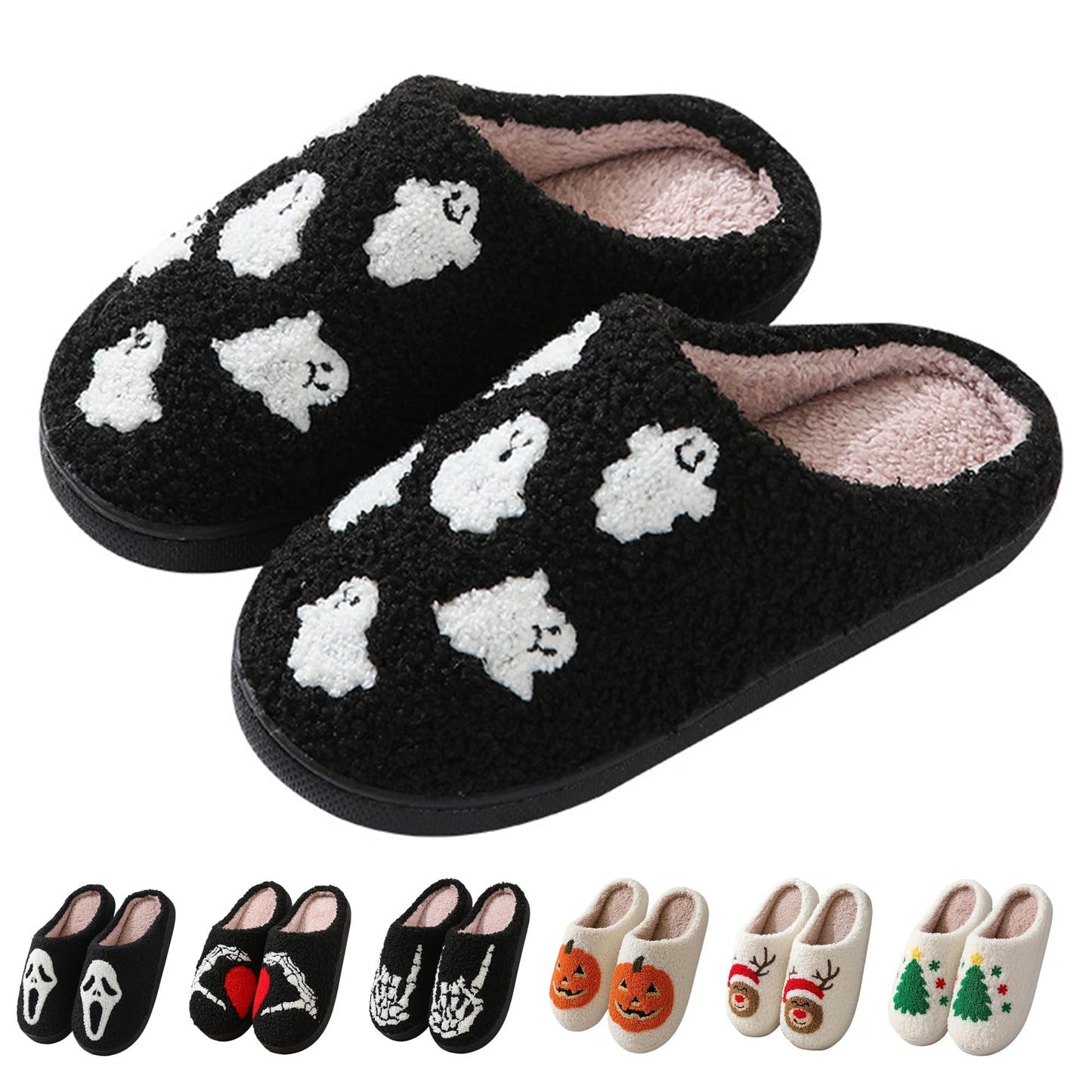 Zuiyisu Halloween/Christmas Slippers for Women Men, Soft Plush Fuzzy Winter holiday slippers, Retro Cozy House Slippers, Comfy Bedroom Indoor Outdoor Shoes, Halloweenghost