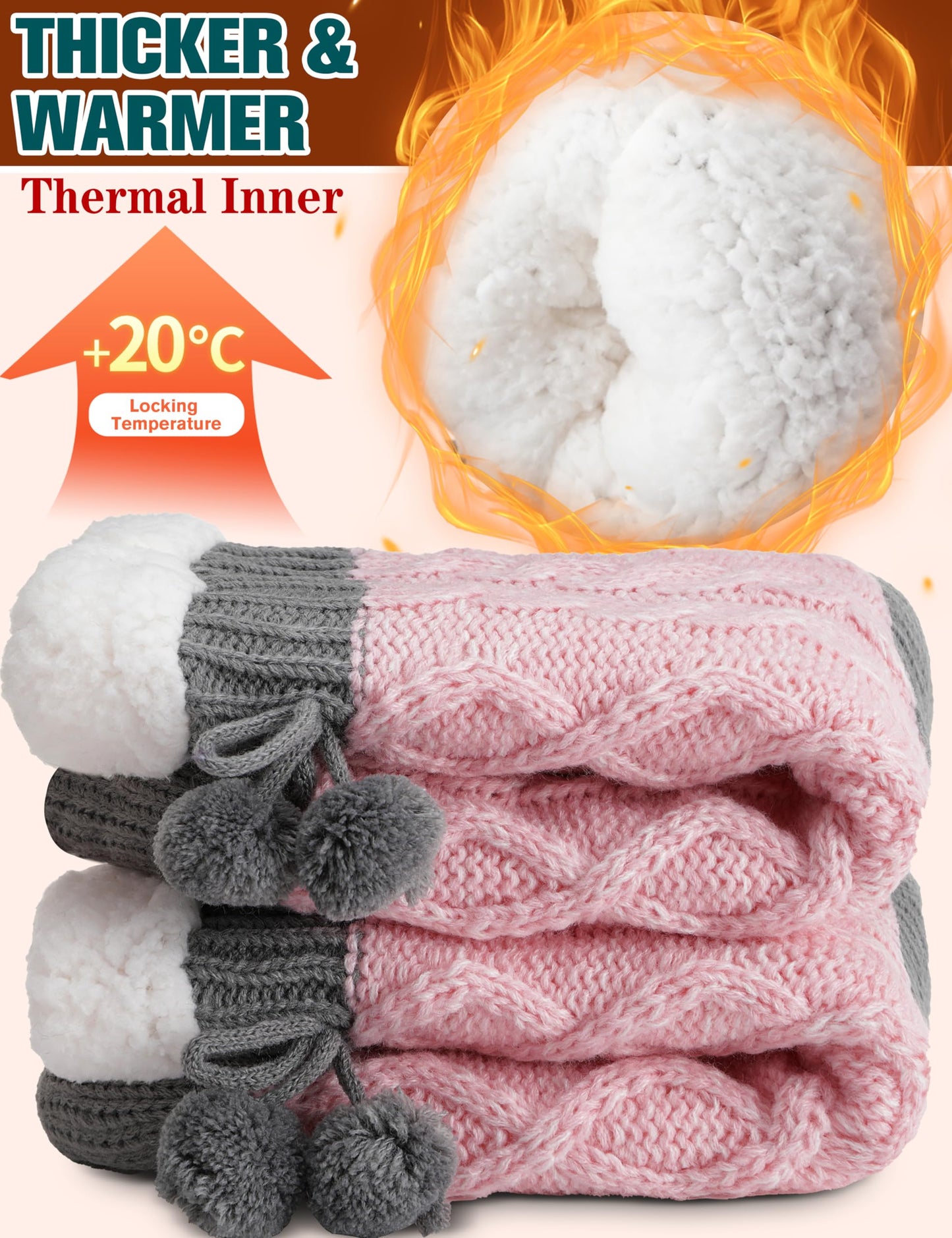 Womens Slipper Fuzzy Socks Fluffy Winter Thermal Warm Thick Cozy Plush Non Slip Grips Christmas Socks Stocking Stuffers for Women White Elephant Valentines Mothers Day Gifts for Mom(Grey Pink)