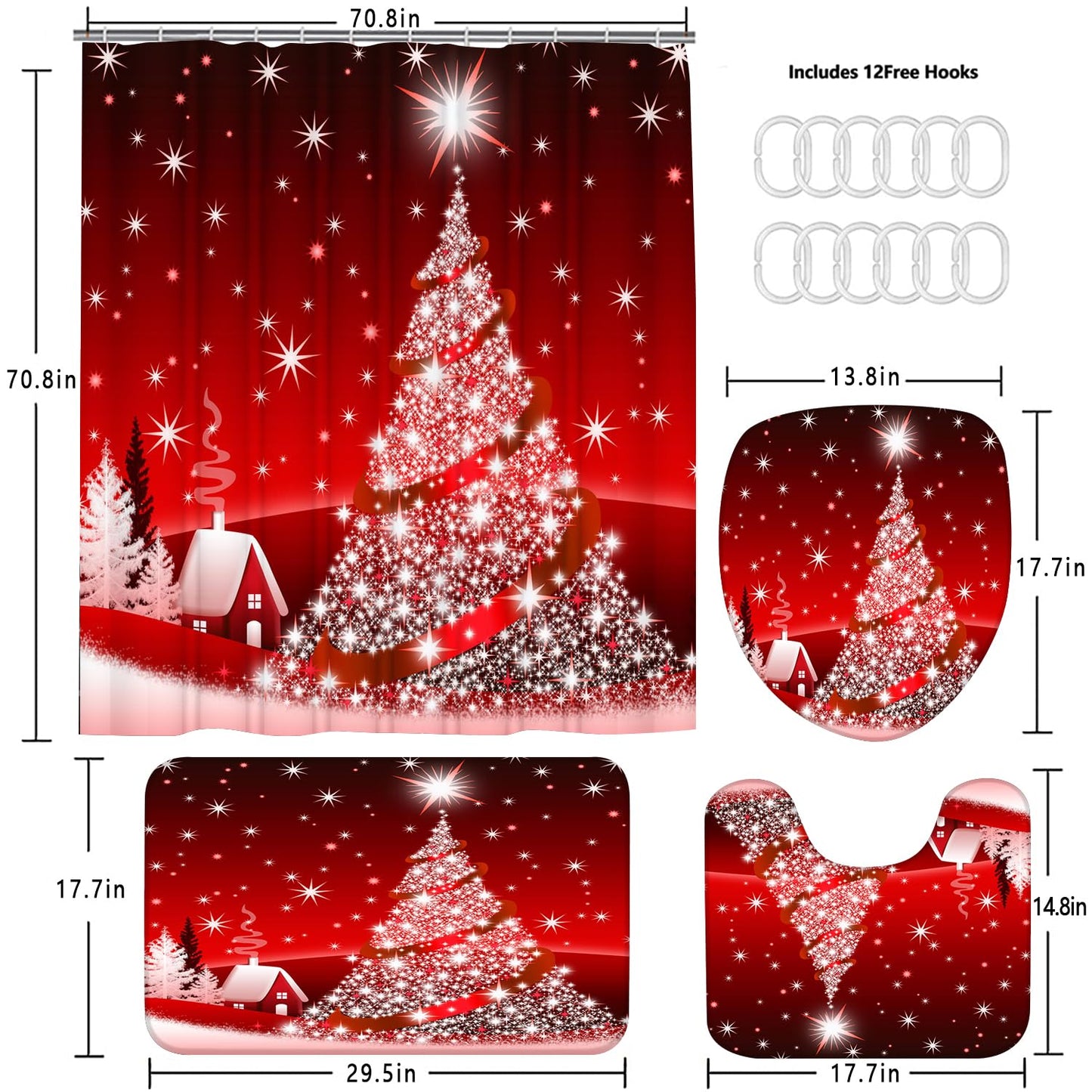 Yddsky 4PCS Red Christmas Tree Shower Curtain Sets, Christmas Village Printed Shower Curtain Sets with Rugs, Toilet Lid Cover and Bath Mat for Bathroom Set Decor Christmas Bathroom Decor Theme