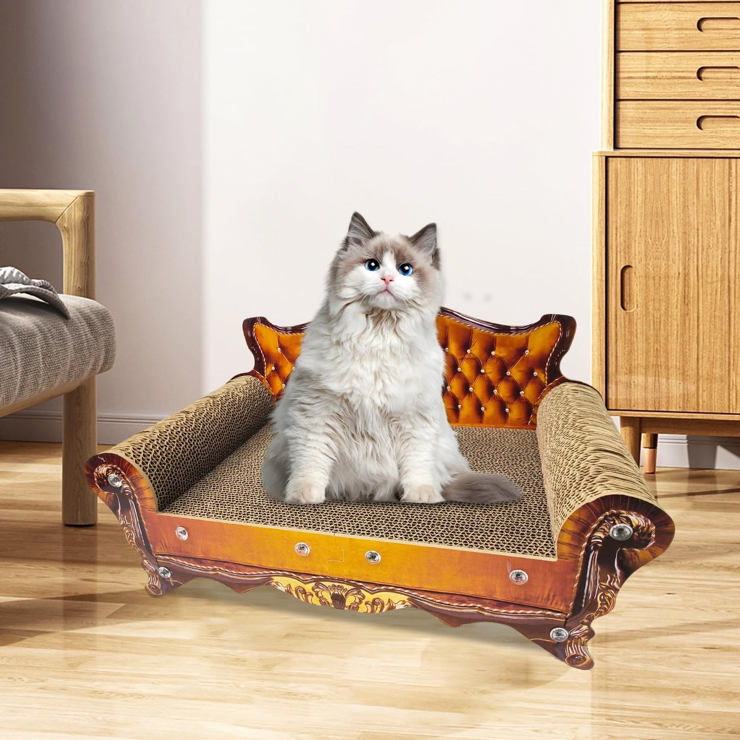 INRLKIT Luxury Cardboard Cat Scratcher Sofa Bed, Couch Shaped Cat Scratching Board, Scratch Lounge with Catnip, Scratcher for Indoor Cats(Brown)