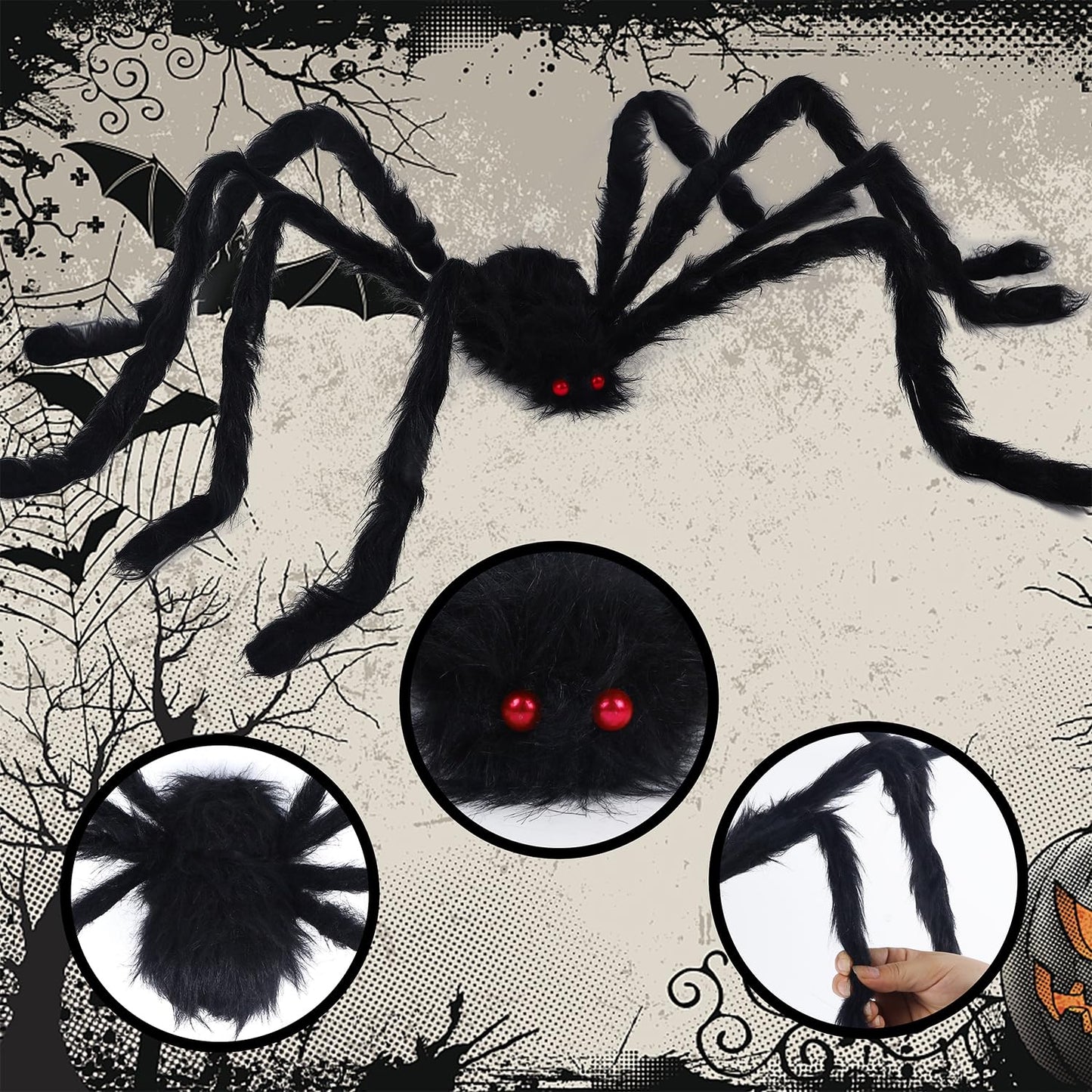 yosager Outdoor Halloween Decorations 6Pcs Realistic Giant Spiders, Huge Hairy Scary Halloween Spider Prop, Black Spooky Spider for House Window Yard Garden Patio Decor (12" 24" 24" 36" 36" 60")
