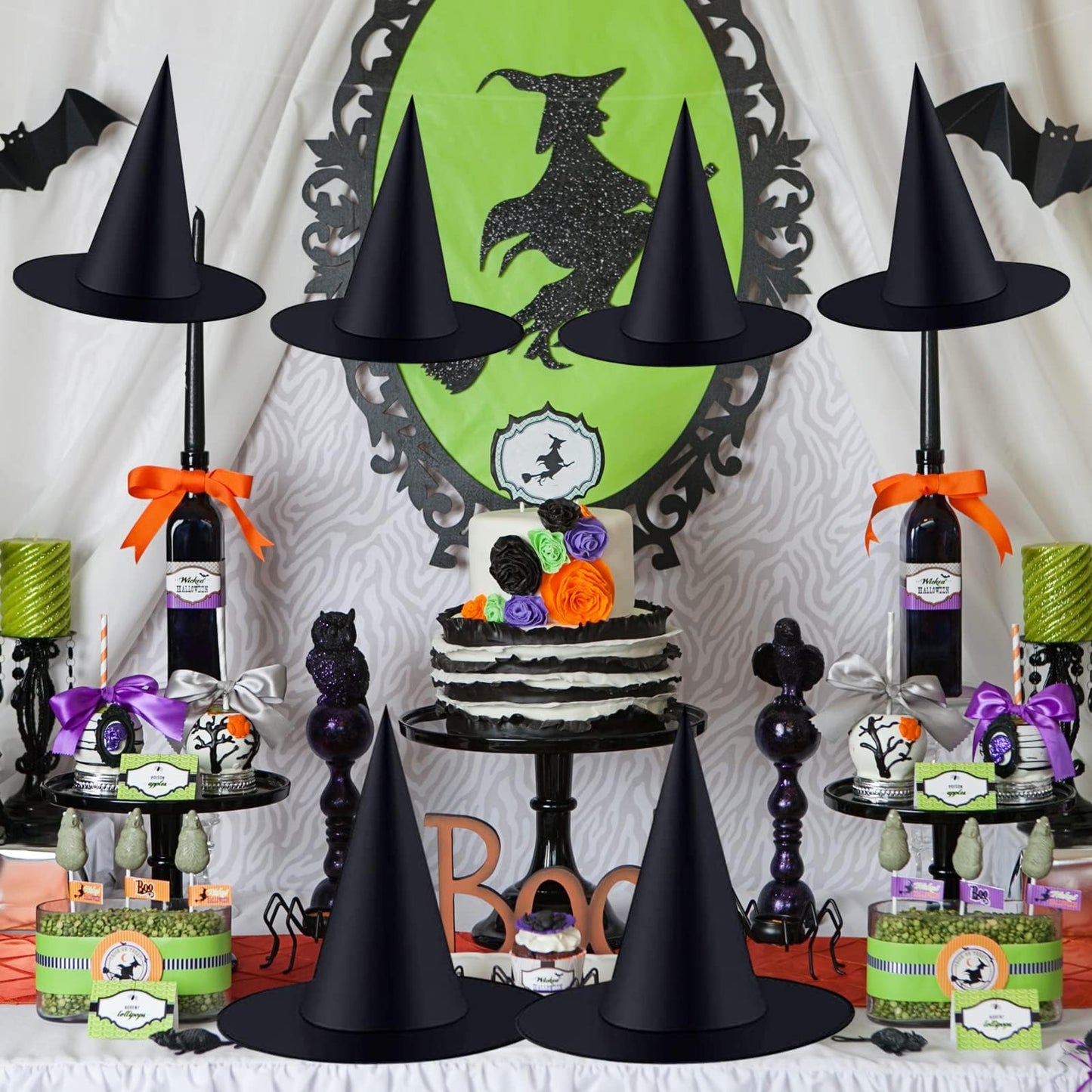 ZeeDix 12 Pcs Halloween Witch Hats, Black Hanging Witches Hat with 98 Ft Hanging Rope, Halloween Costume Accessories Party Decoration