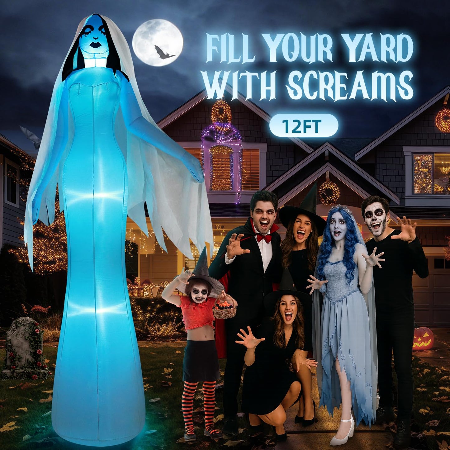 zukakii 12FT Giant Halloween Inflatables Ghost Bride, Halloween Decorations Outdoor Blow Up Yard Decorations Built-in Whole-Body Blue Glowing LED Lights Huge Halloween Blowups for Outdoor Holiday