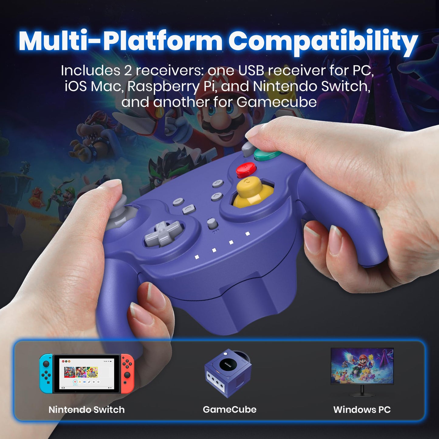 2.4 GHz Wireless GameCube Controller Switch Online Controller, USB Receiver & NGC Receiver, Compatible with Windows PC iOS Mac Raspberry Pi, GameCube/Switch - (Rechargeable) (Plug and Play) Indigo