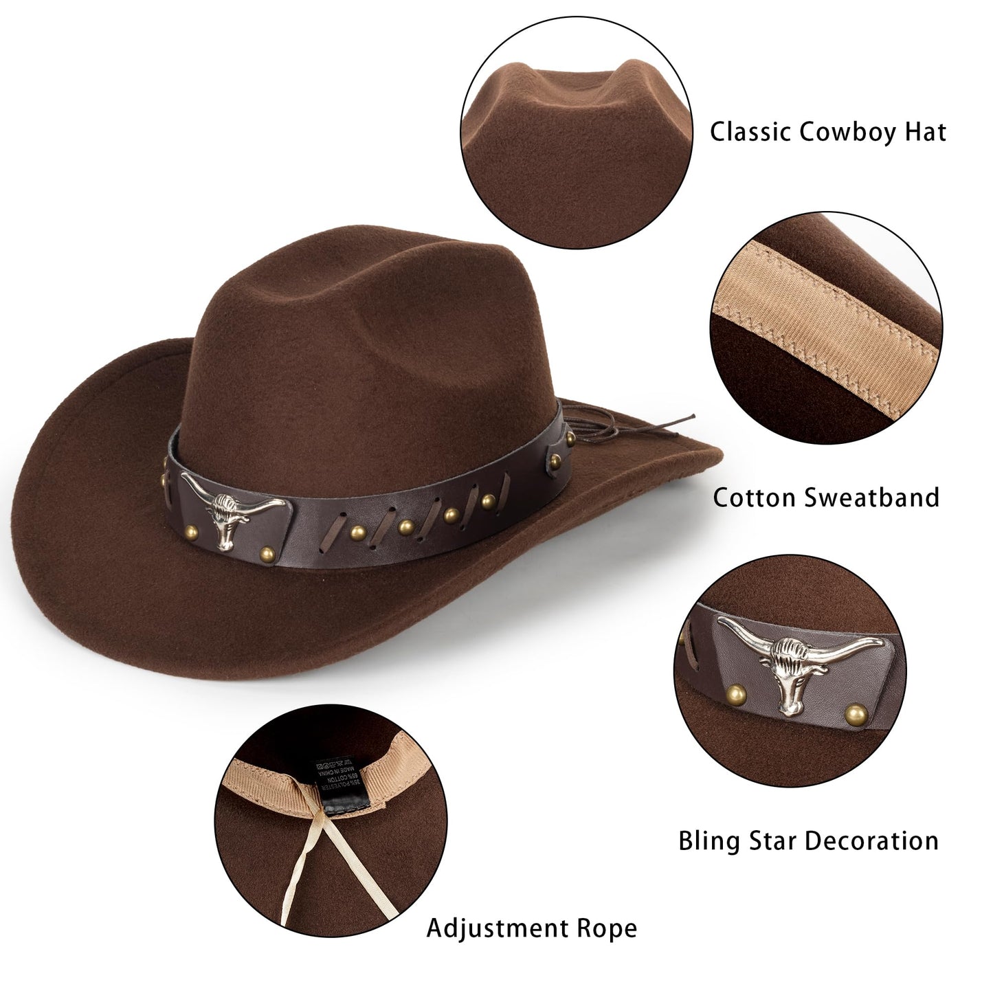 Womens Western-Cowboy-Hats Classic Felt-Hats - Rodeo Wide-Brim-Cowgirl Jazz-Hat with Buckle Belt(Lagre)