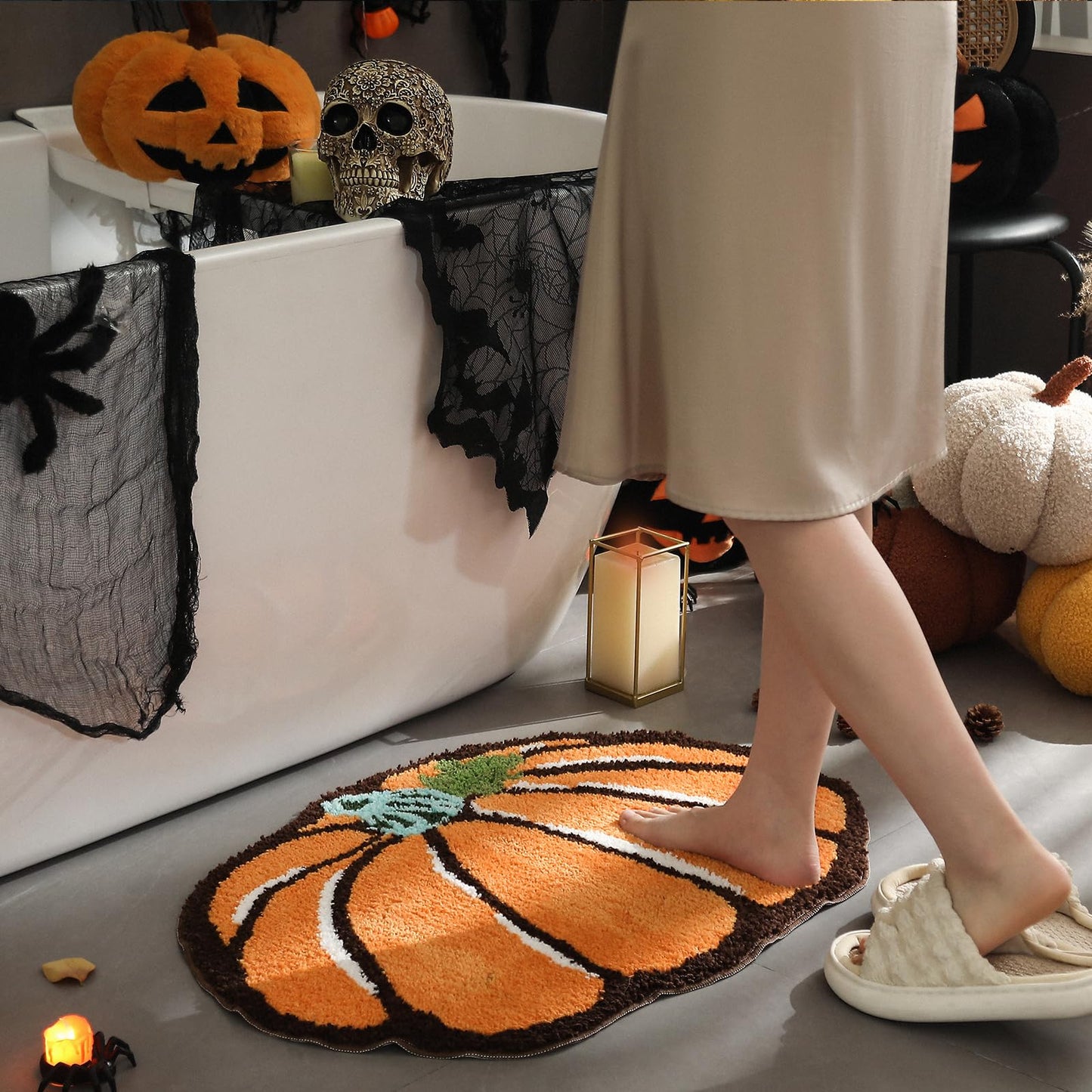 YRXRUS Halloween Pumpkin Bathroom Rugs, Pumpkin Shaped Bath Mat, Machine Washable Orange Rug, Living Bedroom Kids Room for Halloween Decoration, Kitchen Area Rugs 18 x 24 inch
