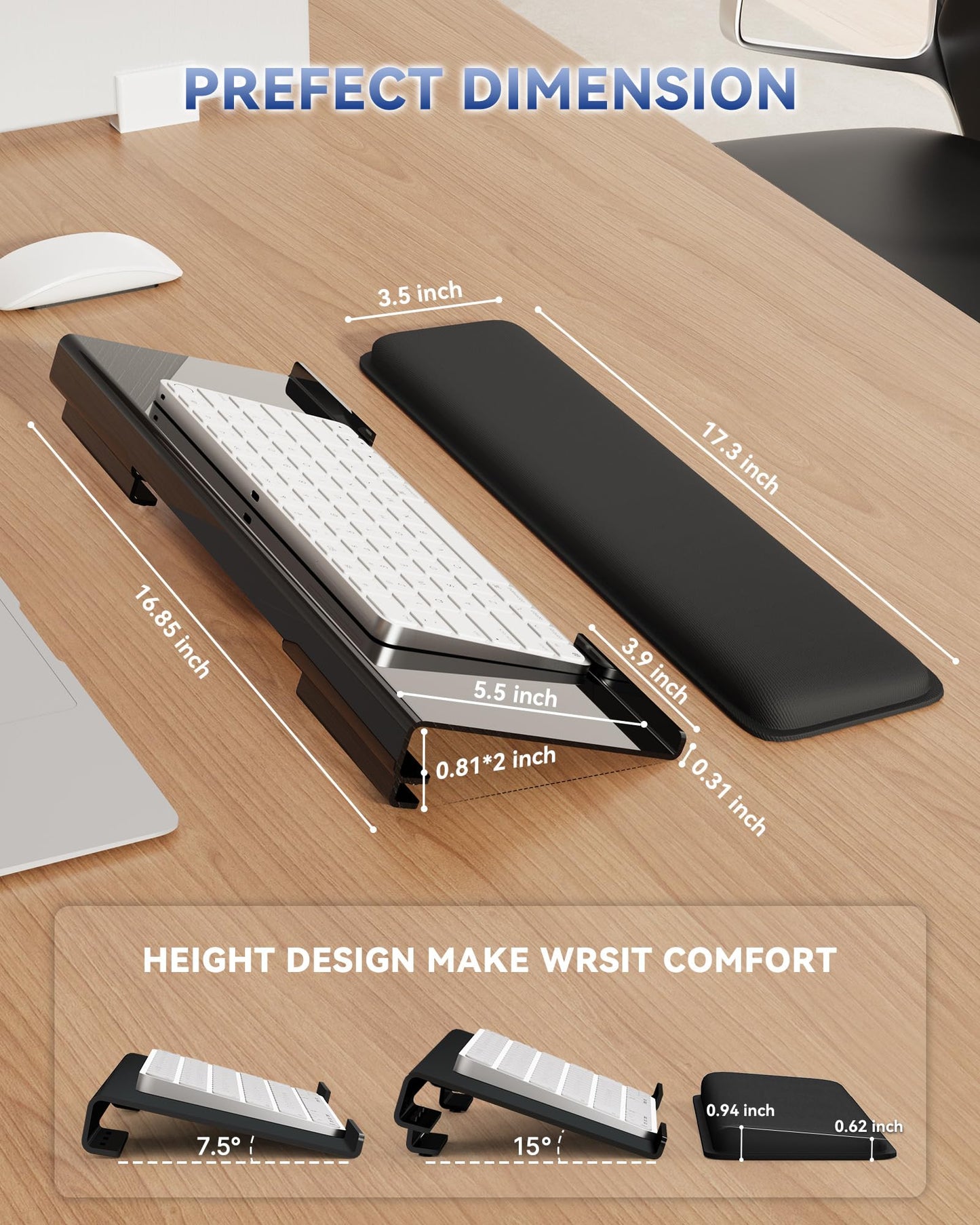 Laborio Computer Keyboard Stand for Desktop, 2-Level Height Adjustment Keyboard Wrist Rest, Non-Slip Key Board Riser Pad for Office, Gaming, and Home Desks