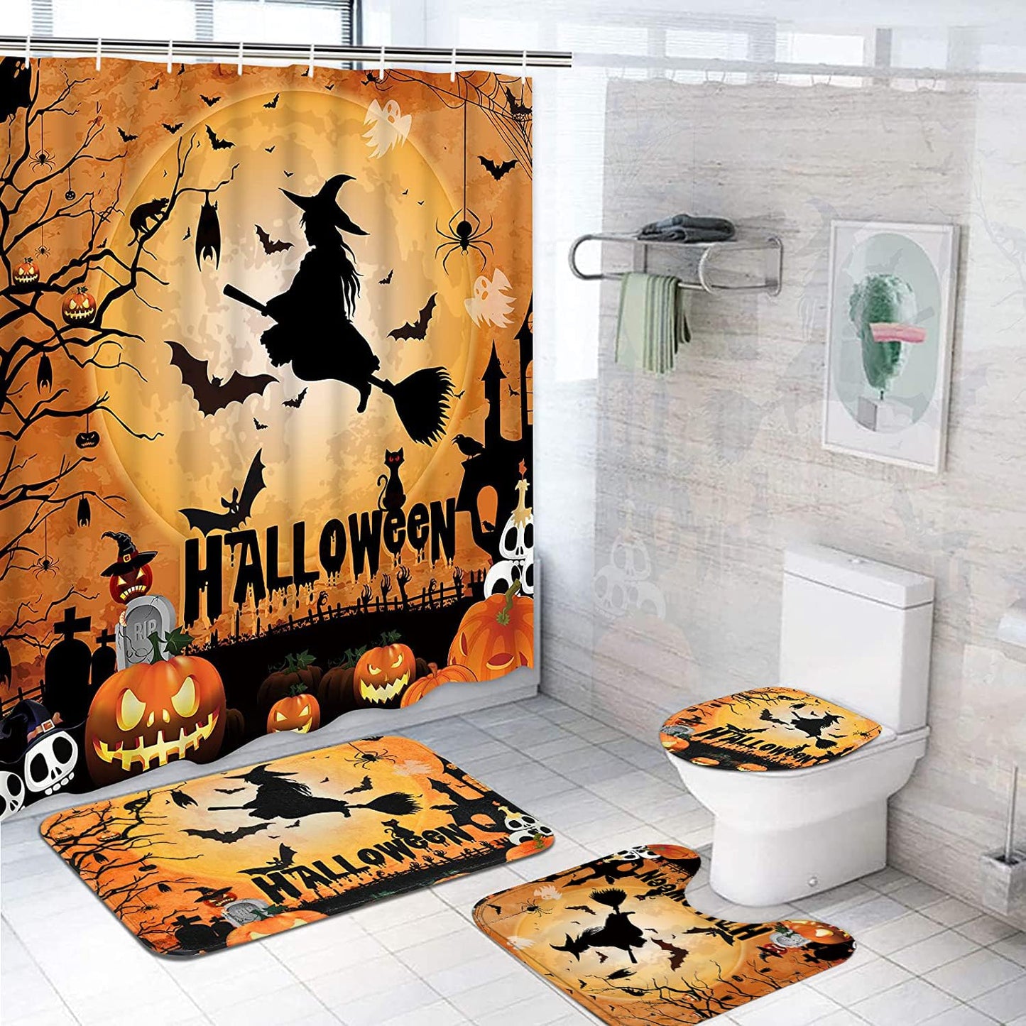 Yizheer Halloween 4Pcs Pumpkin Shower Curtain Sets with Non-Slip Rugs, Toilet Lid Cover and Bath Mat, Haunted House Waterproof Shower Curtains Bathroom Decor Set Halloween Decor
