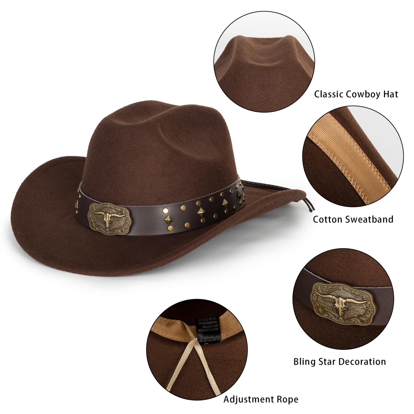 Womens Western Cowboy Hats Studded Pinched Western Cowgirl Hats Wide Brim Fedoras Hat with Belt Buckle (Size:Medium) Brown