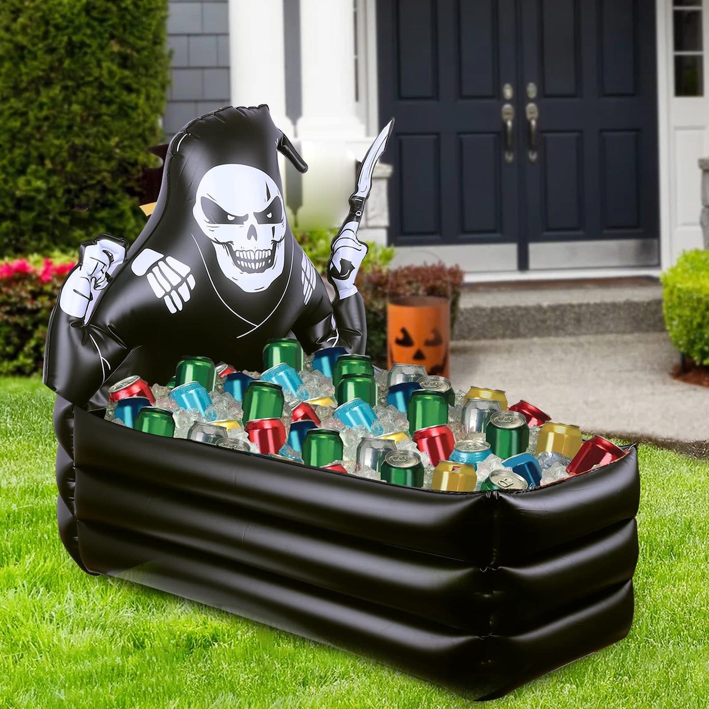 44 Inch Inflatable Grim Reaper Coffin Cooler Halloween Party Supplies 120+ Cans Large Capacity Inflatable Drink Holder for Indoor Outdoor Home Halloween Birthday Party Decorations, Black