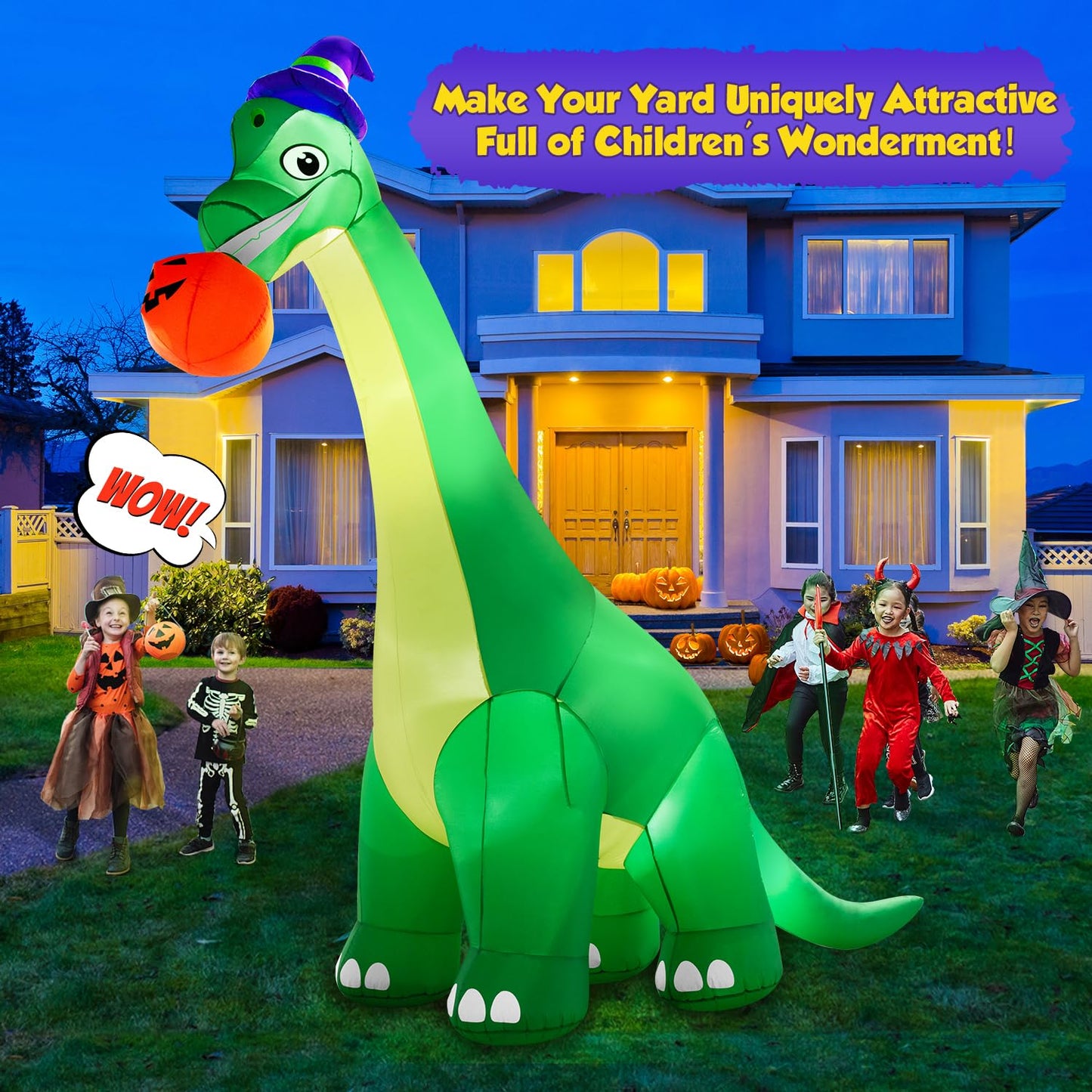 zukakii 13Ft Giant Halloween Dinosaur Inflatable Decorations, Bite Large Pumpkin with Witch Hat Build-in LED Light Strong Blower Huge Blow Up Yard Clearance Decor for Outdoor Indoor Holiday Party Yard