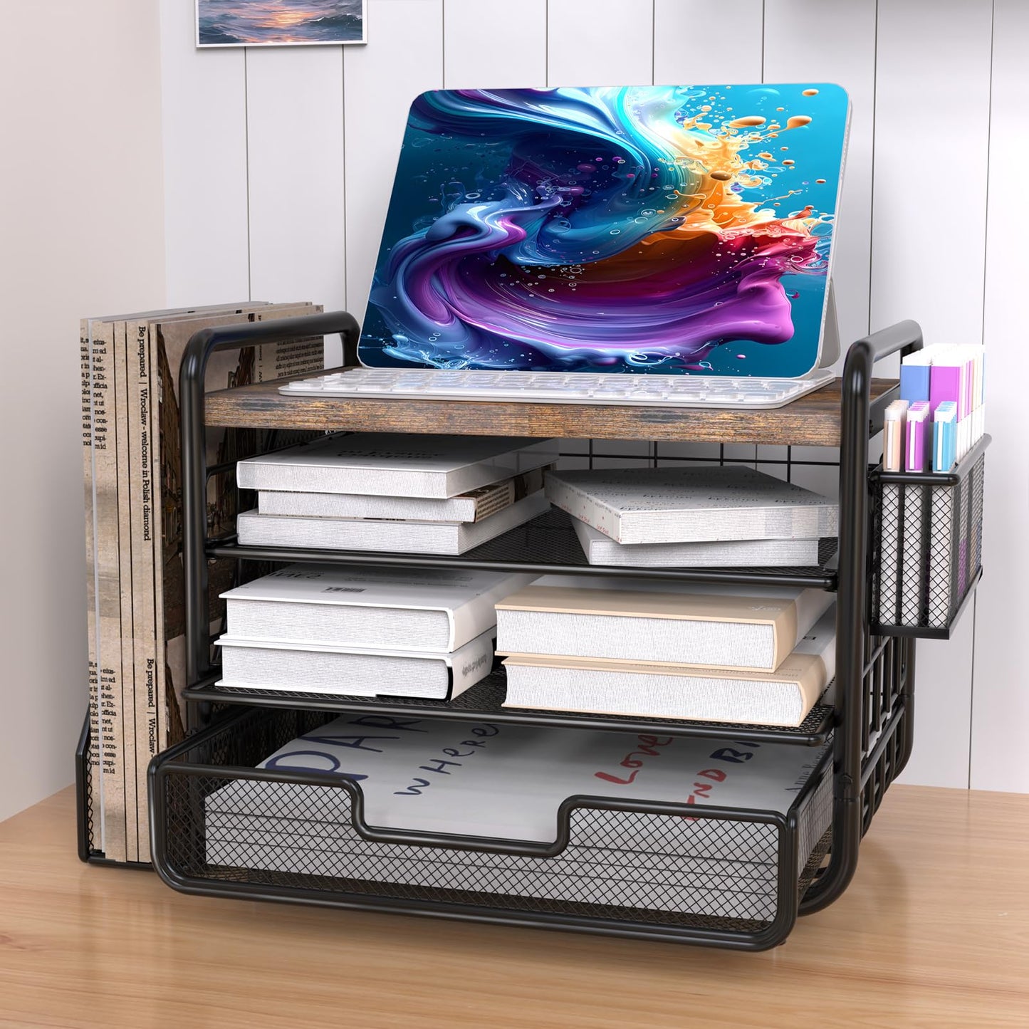 2025 New Large Capacity Desk Organizer with Drawer, Wooden 4-Tier Paper Organizer Letter Tray with File Holder and Pen Holders, Wooden Desk Accessories for A4 Paper Work Folder Storage (Style1)