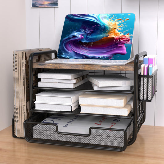 2025 New Large Capacity Desk Organizer with Drawer, Wooden 4-Tier Paper Organizer Letter Tray with File Holder and Pen Holders, Wooden Desk Accessories for A4 Paper Work Folder Storage (Style1)